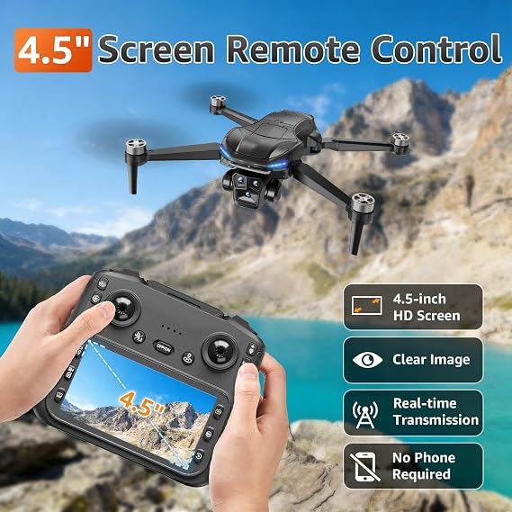 GPS Drone with Camera for Adults - 4K Drone with 4.5 FPV Screen Controller, 60 Min Flight, Brushless Motor Foldable Quadcopter, Auto Return, Follow Me, 3 Speed Modes for Beginners - Gift Under 249g