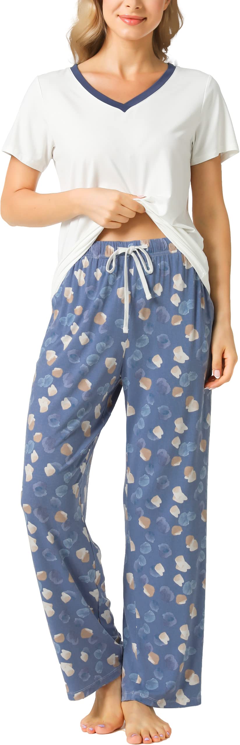 GYS Bambus-Pyjama-Set für Damen, superweich, 2-teilig, Nachtwäsche, kurzärmeliges Oberteil und Hose mit Taschen, Pyjama-Lounge-Sets
