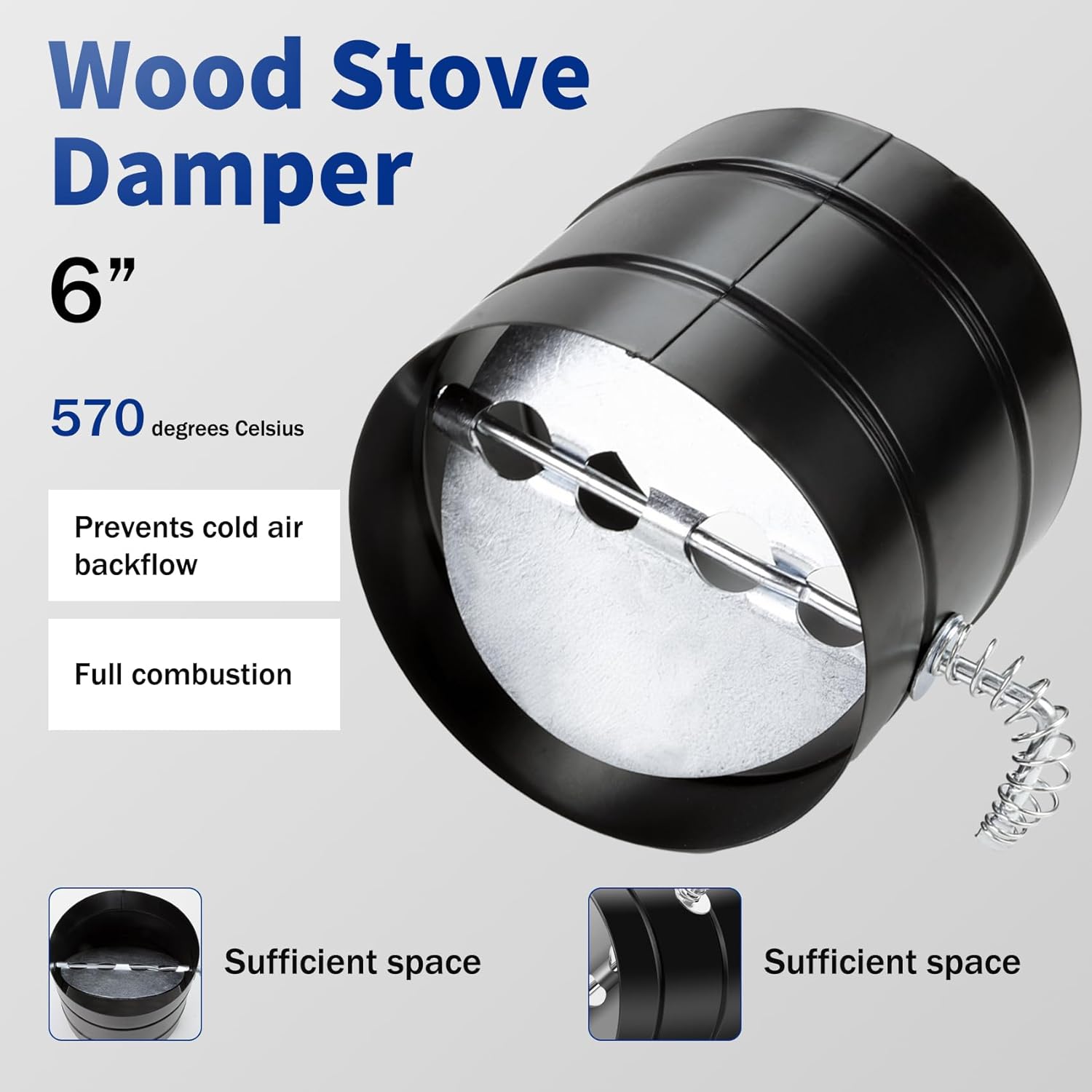 6 Inch Stove Pipe Damper, Wood Burning Stove Pipe Can Control Airflow, Wood Stove Damper Can Improve Fuel Combustion Efficiency and Reduce Smoke and Carbon Monoxide