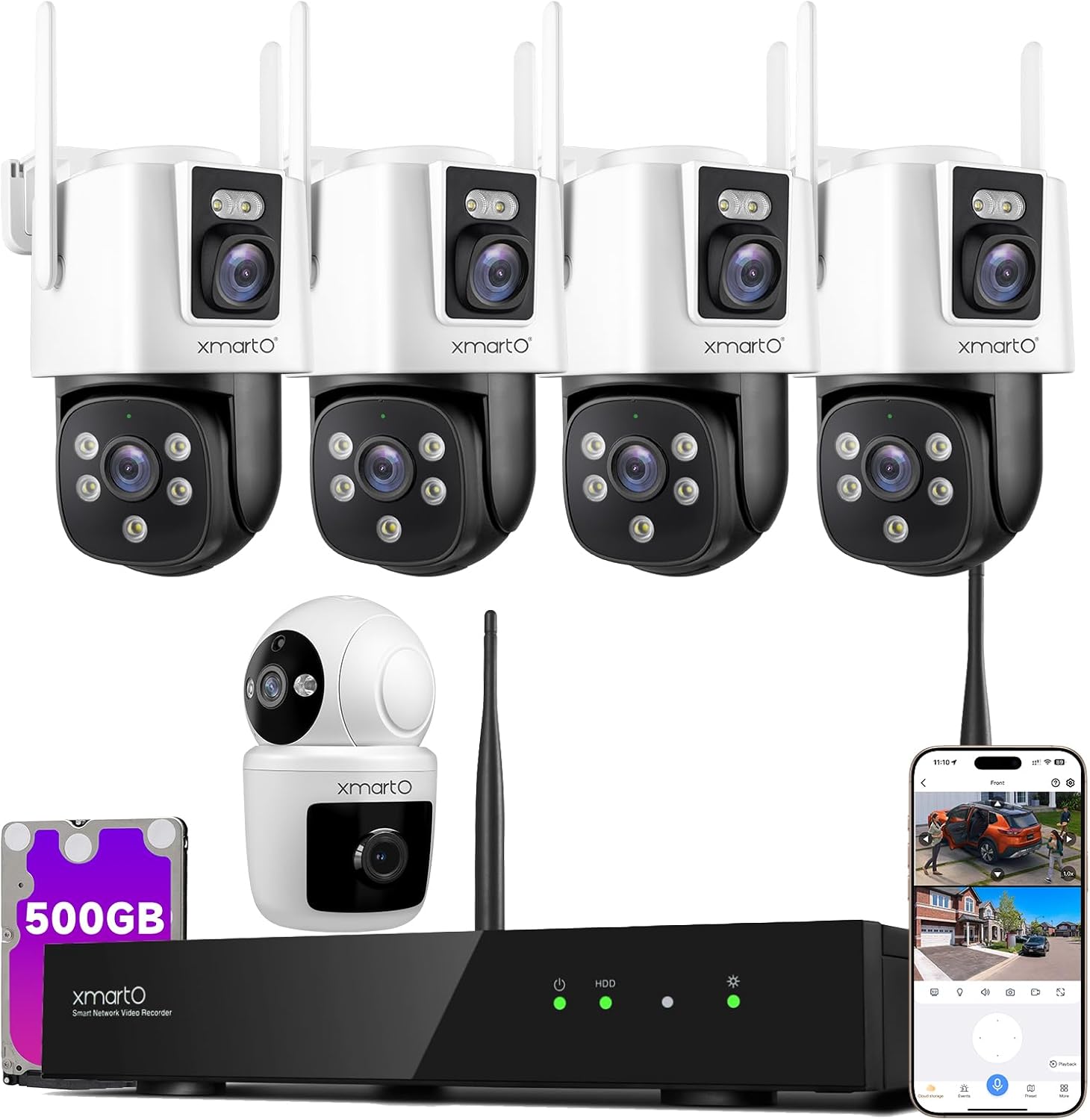 XMARTO 16CH Security Camera System Wireless, 4-Set 2-in-1 Cameras & 1 Pc PTZ Rotation Home Camera, 4K Long Range WiFi 6 Surveillance NVR, Past 120-day Storage, 0 Monthly Fee, 7/24 Record