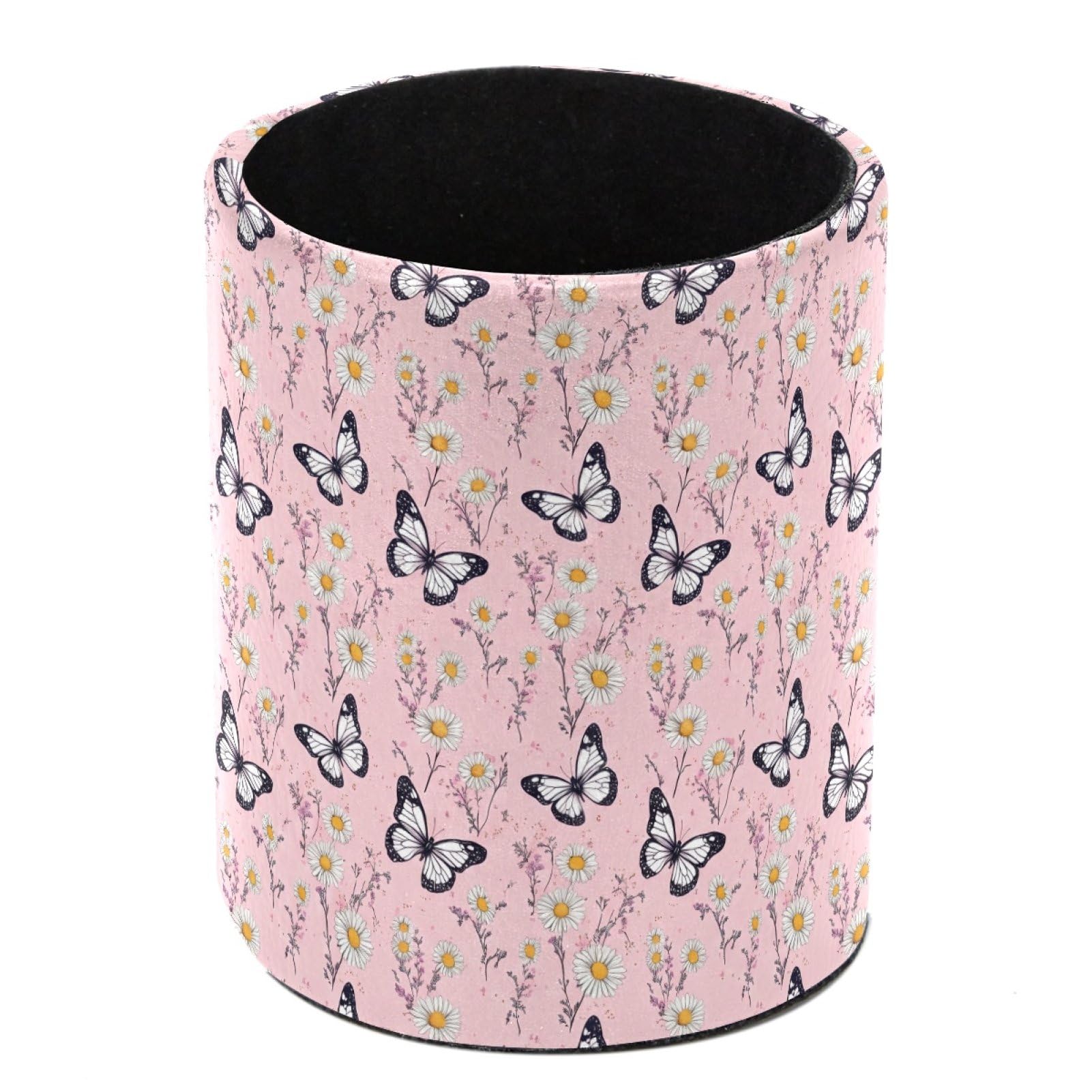 HEOEH Butterfly Daisies Pen Holder for Desk, PU Leather Pencil Holder Pen Cup Marker Holder Makeup Brush Holders, Desk Accessories & Workspace Organizers for Home, Office