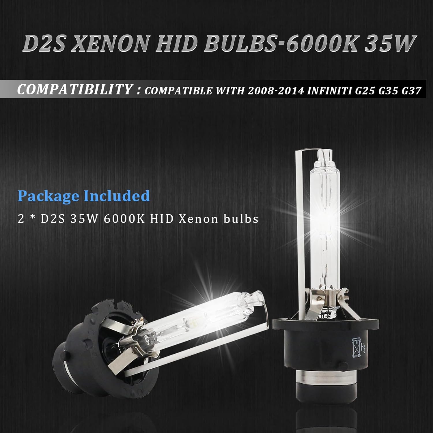 D2S Xenon HID Headlight Bulbs 6000K Cool White 35W Compatible with 2008-2014 Infiniti G25 G35 G37, D2S C1 Replacement Bi-Xenon Lights Headlamps Projector Lights, Pack of 2