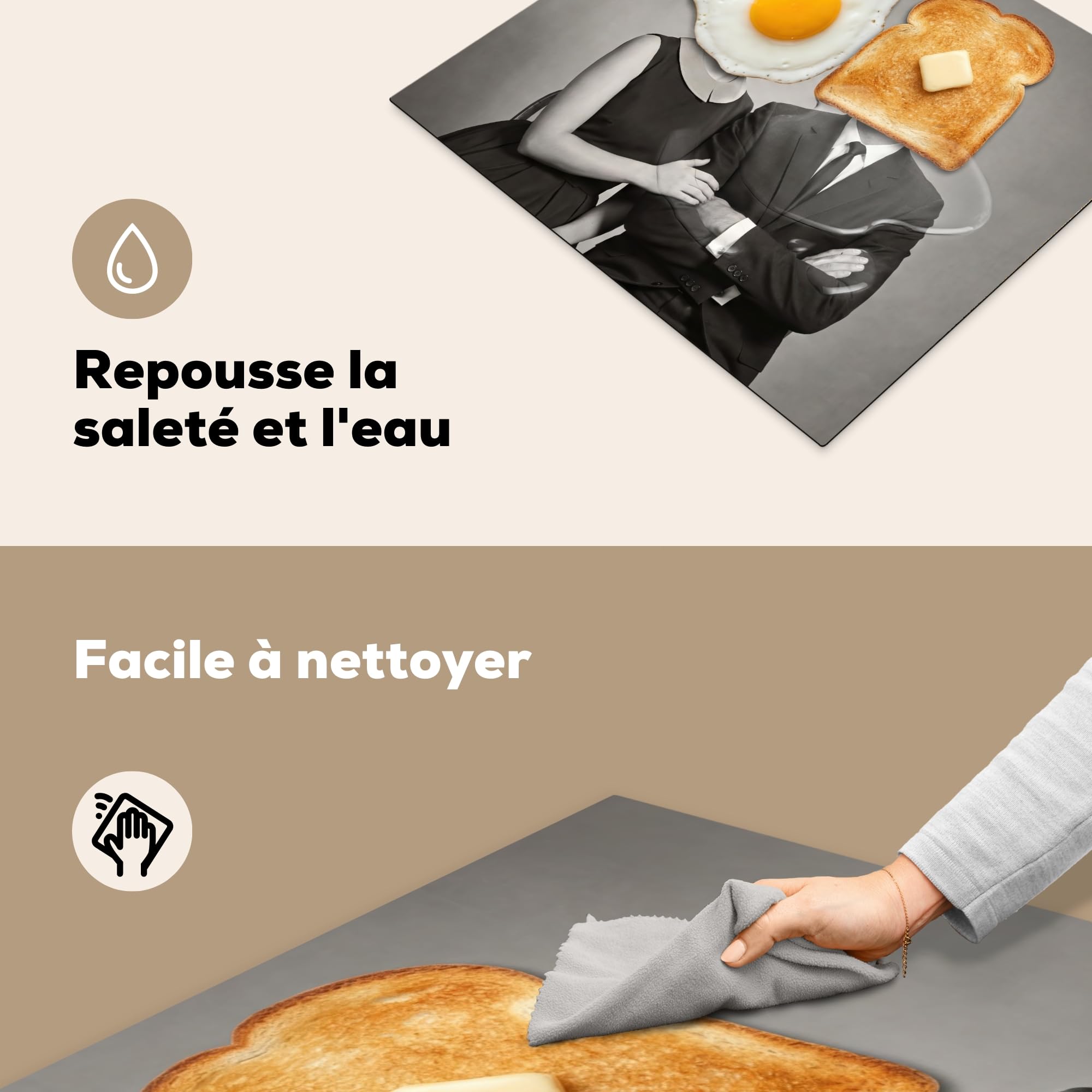 KitchenYeah© Protege Couvre Plaque De Cuisson Décoration Cuisine Tapis Protection Protecteur Induction 59x52 cm Petit-déjeuner - Couple - Œuf - Pain