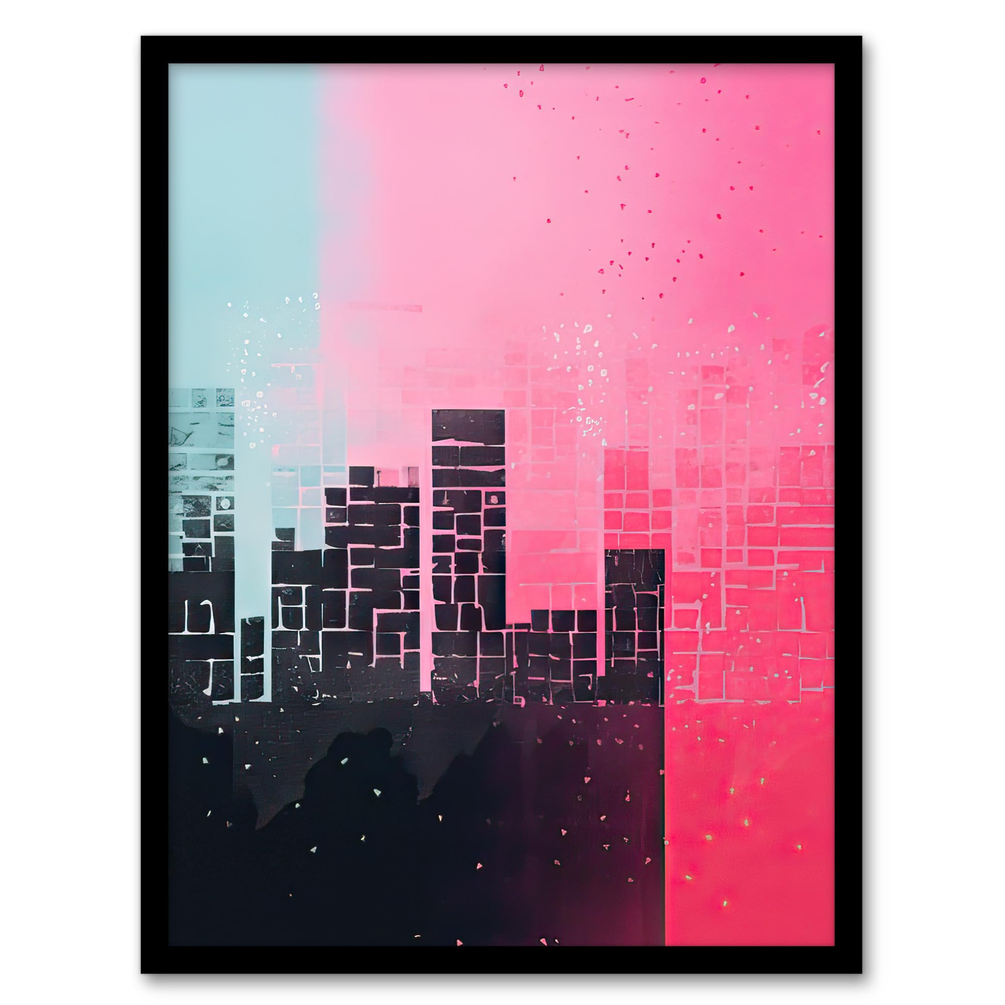 Artery8 Abstract Geometric Cityscape Painting Aqua Blue Pink Pastel Colour Artwork Artwork Framed Wall Art Print 18X24 Inch