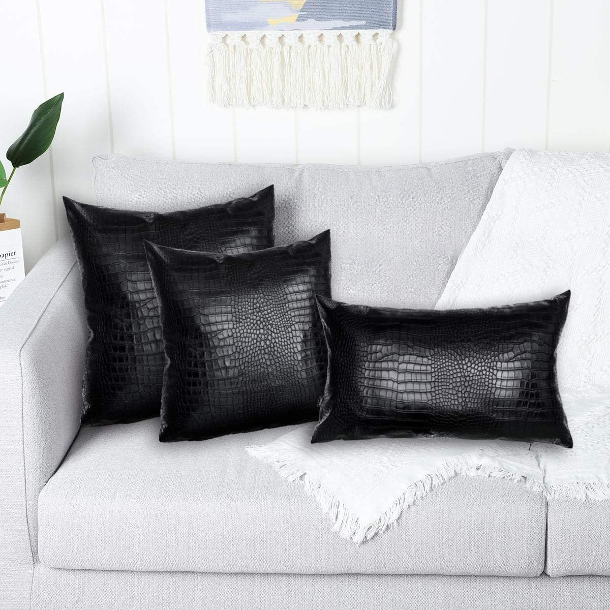 Black Crocodile Skin Thick & Soft Faux Leather Pillow Covers, 24 x 24 inch Faux Leather Pillow Case Thick Modern Solid Decorative Square Bedroom Living Room Cushion Cases for Couch Bed Sofa