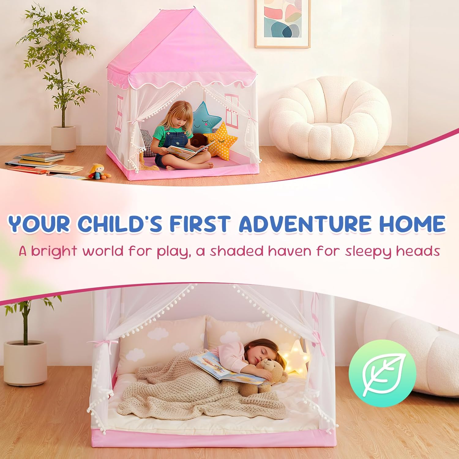 Kid Play Tents for Toddler & Children, Pink Tent with Windows, Children Play House for Indoor & Outdoor & Picnic, 41" L × 39" W × 50.4" H - Pink