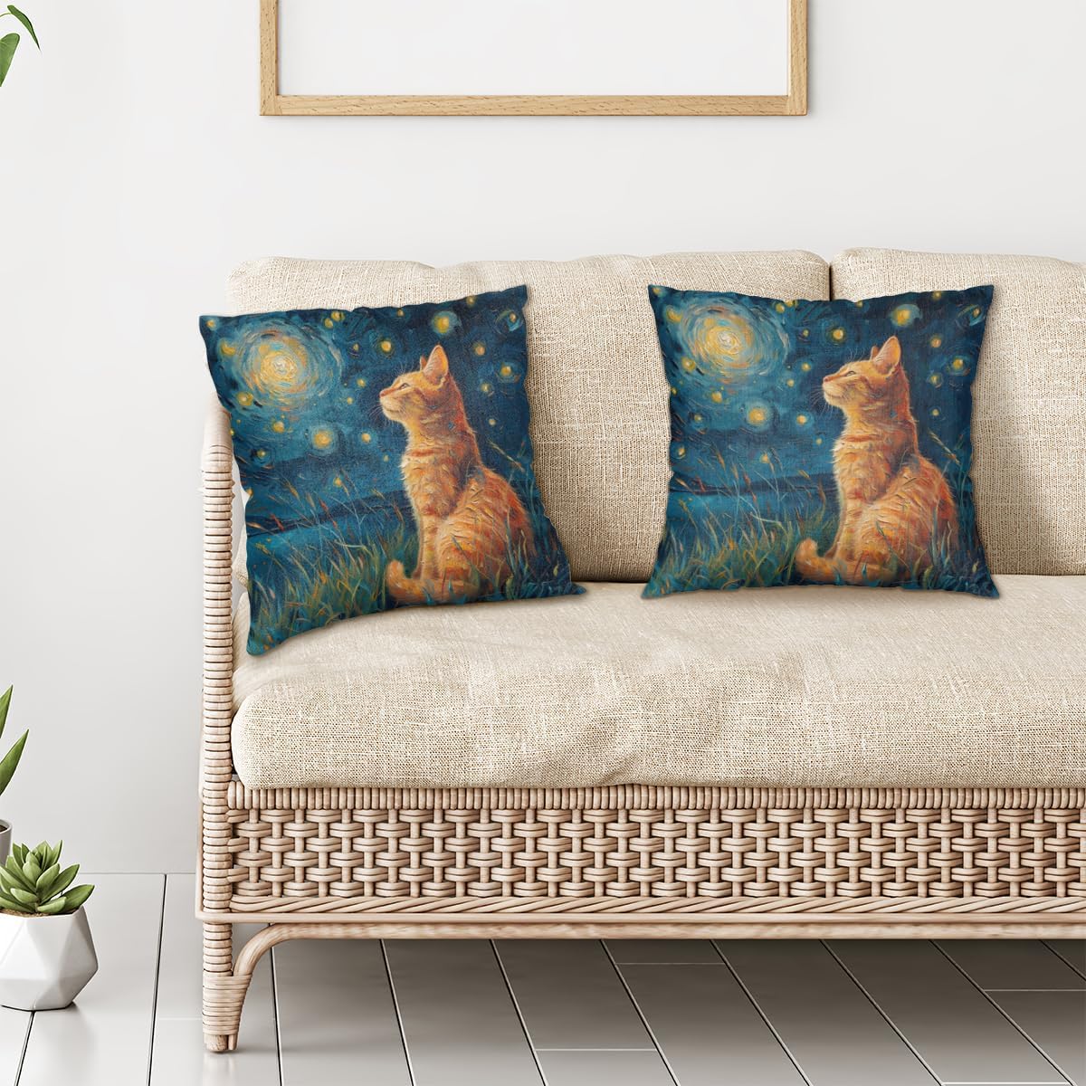 Cat Starry Night Throw Pillow Covers 20x20 Inch for Living Room Couch Bed Sofa Square Cushion Case Cat Art Throw Pillow Cover Farmhouse Boho Home Decor