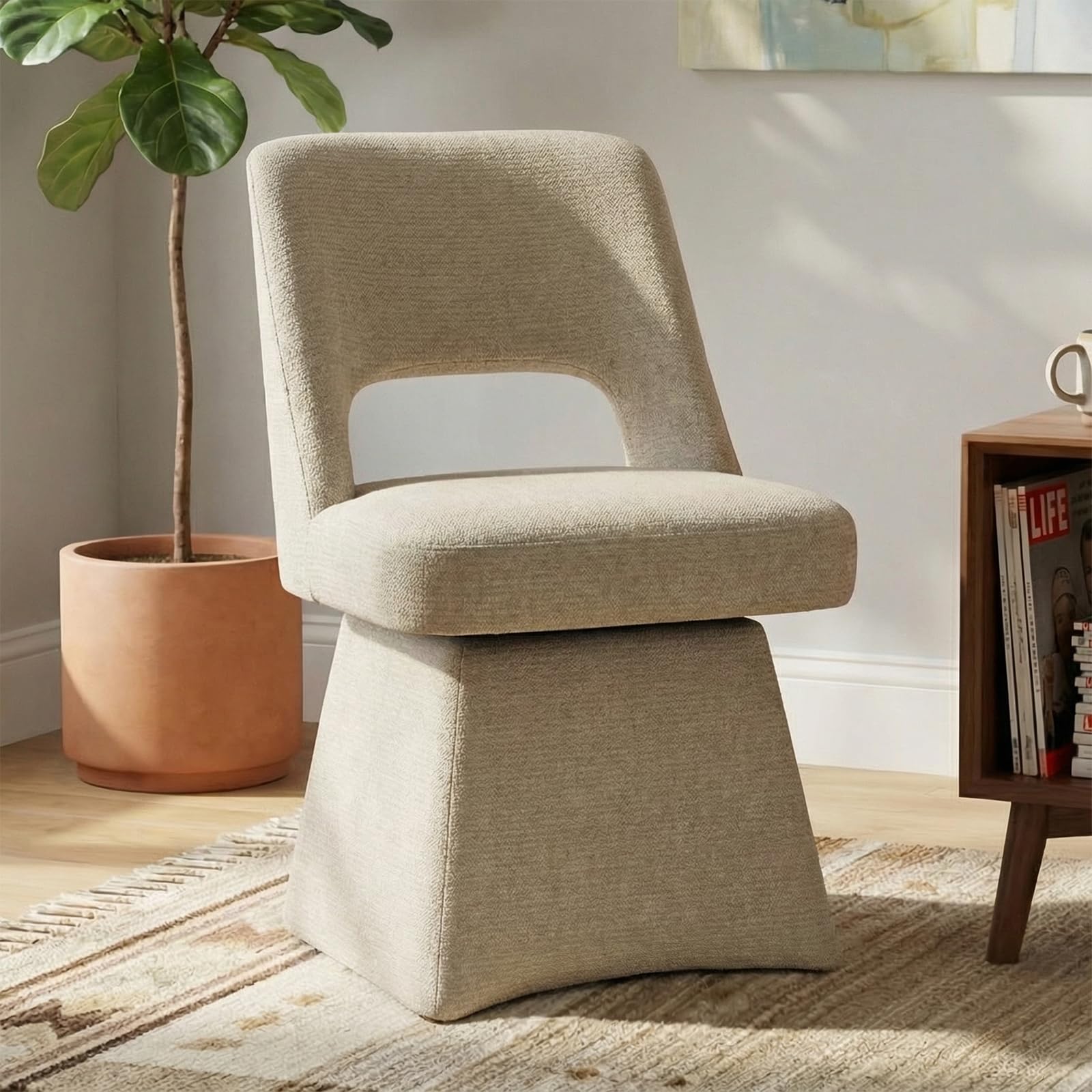 VKNOW Upholstered Swivel Dining Chair with Curved Open Back