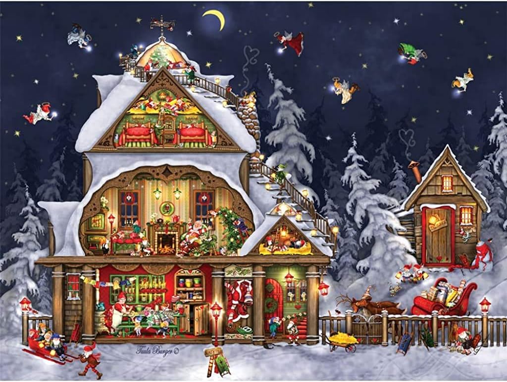 Bits and Pieces - 300 Large Piece Jigsaw Puzzle for Adults - Santa's House - 300 pc Christmas, Holiday Jigsaw by Artist Tuula Burger