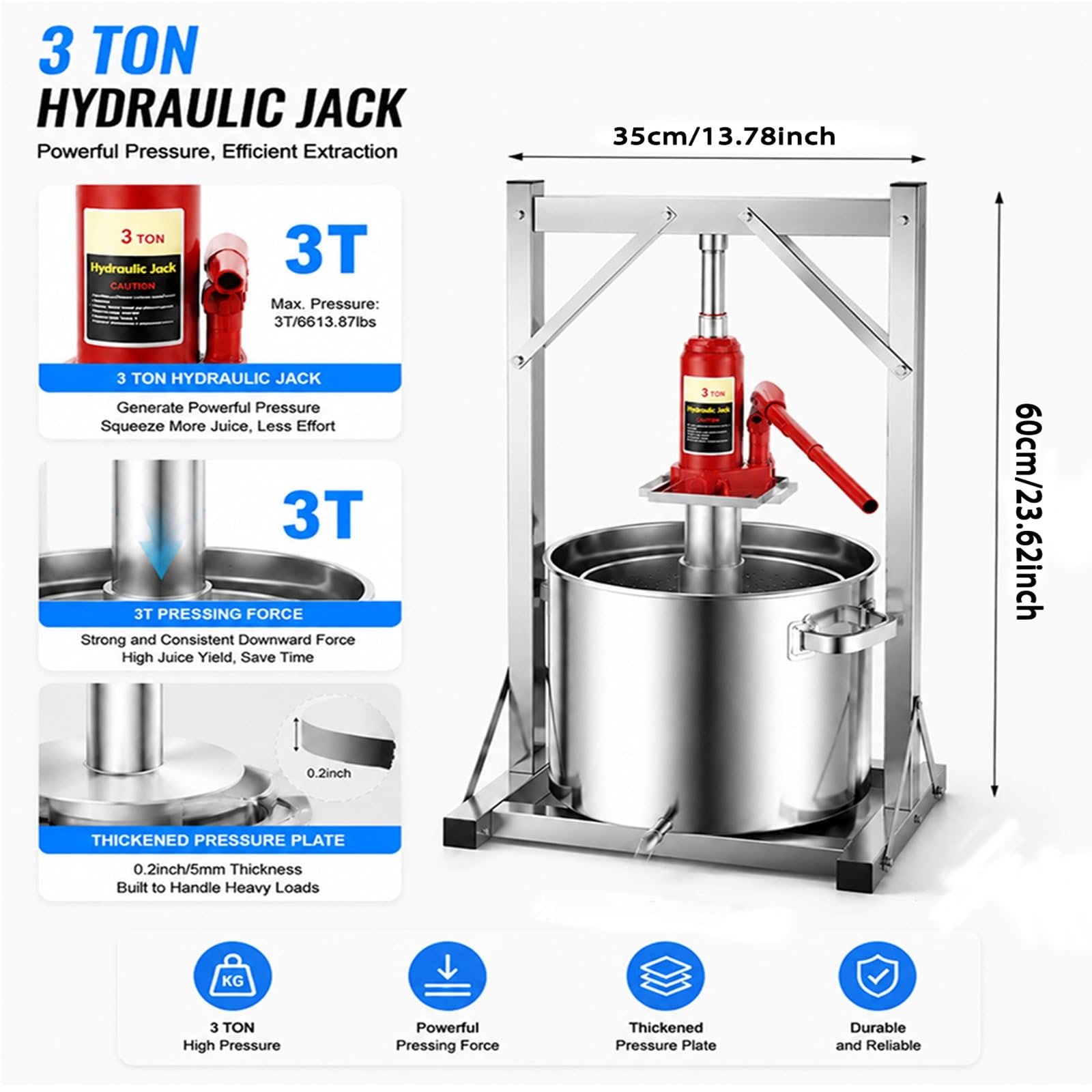 Torchio Manuale per Frutta e Vino in Acciaio Inox, Pressa Idraulica con Martinetto da 3 Tonnellate per Spremere Mele, UVA, Verdura e Favi Fatto in Casa(12L)