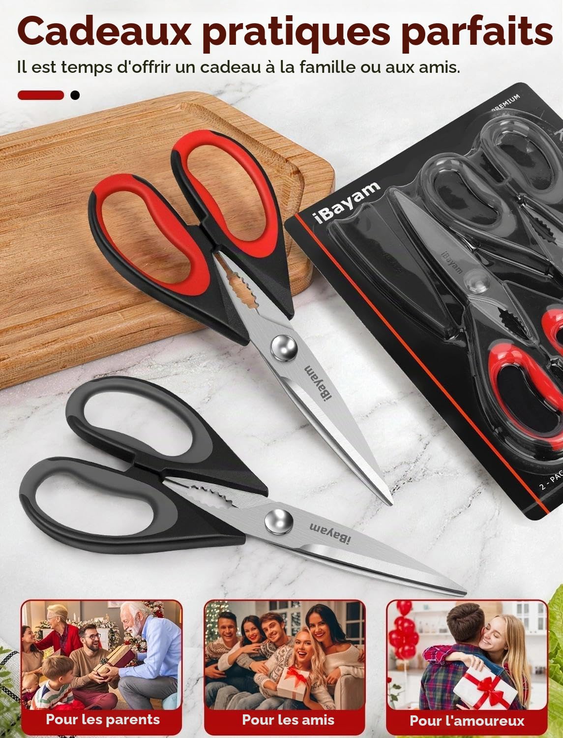 iBayam Lot de 2 Paires de Ciseaux de Cuisine Robustes et tranchants en Acier Inoxydable pour Poulet, volaille, Poisson, Herbes