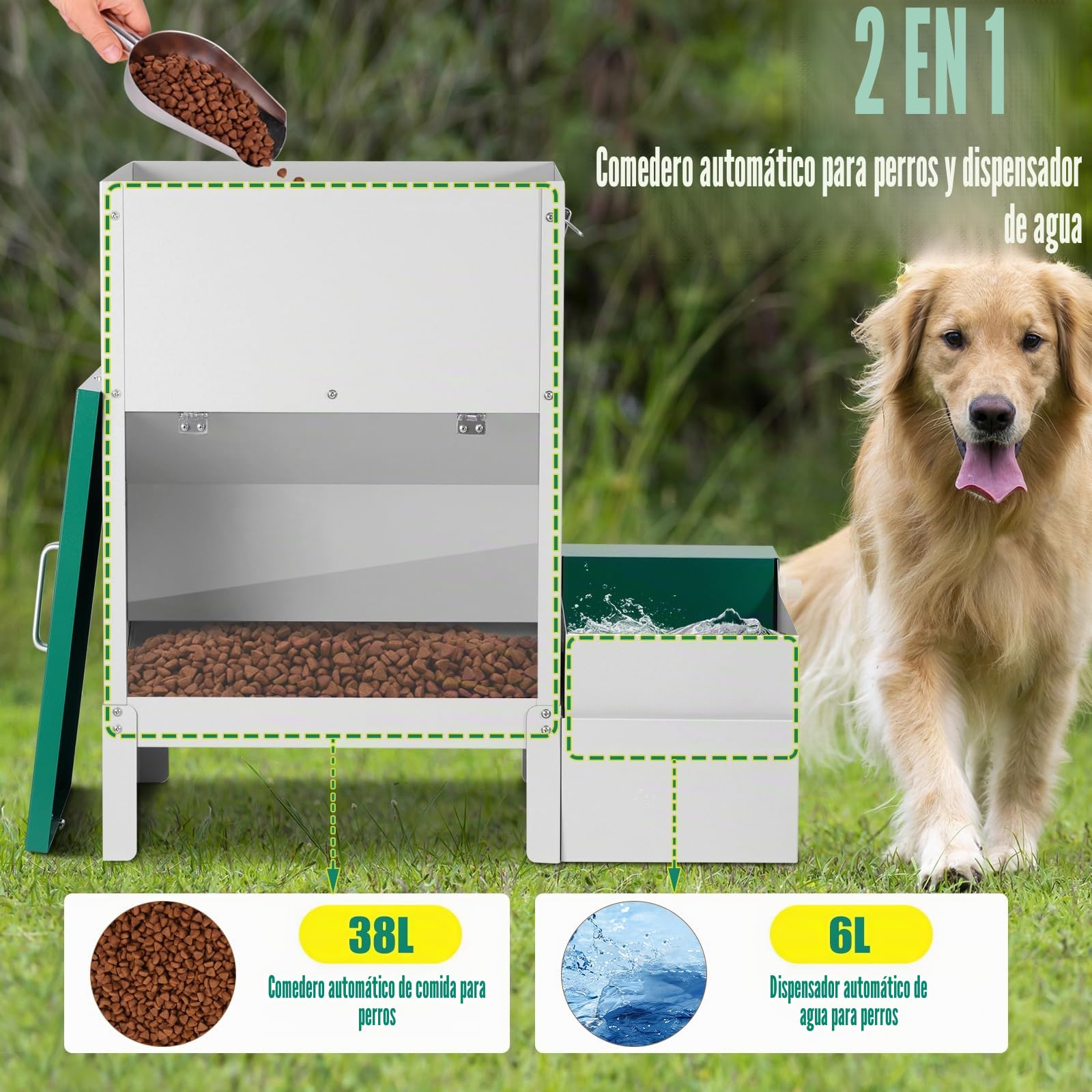 2 en 1 Dispensador Automático de Comida y Agua para Perros 38L Dispensador Automático de Comida para Perros de Raza Grande Dispensador de Agua para Perros al Aire Libre Alimentador de Gravedad