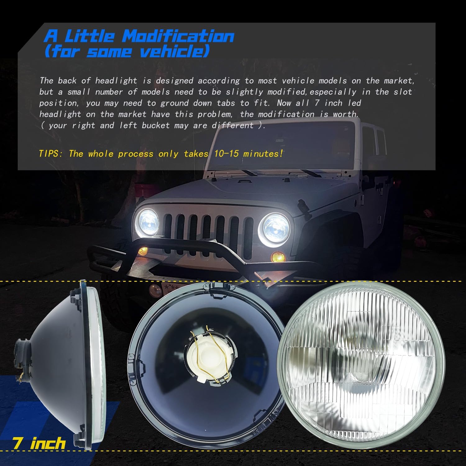 For 1969-1978 Ford F100 F150 F250,LED Fog Light,7 Inch led Glass Headlight Round Lens Housing+H4/9003 High&Low Beam Bulbs, Clear Lens 7 Inch H6024 Round Headlight Sealed,4PCS