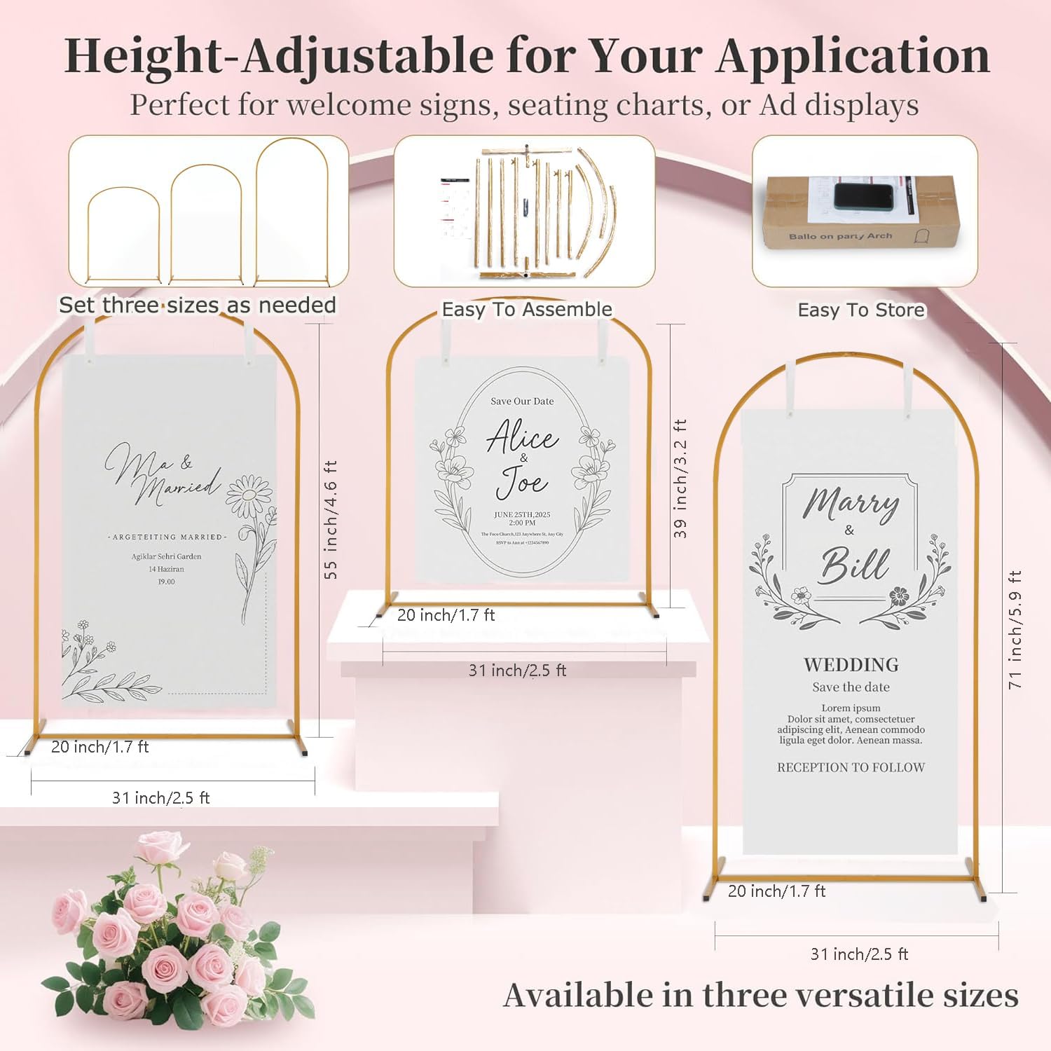 Sign holder, Adjustable Wedding Sign Holder, Welcome Sign Stand With Leather Sign Hanging Straps, 68”x31”x 20” Heavy Duty Ease Sign Stand for Wedding, Bridal Shower, Birthday Party, Baby Shower or Any Event (Gold, Arched-M)