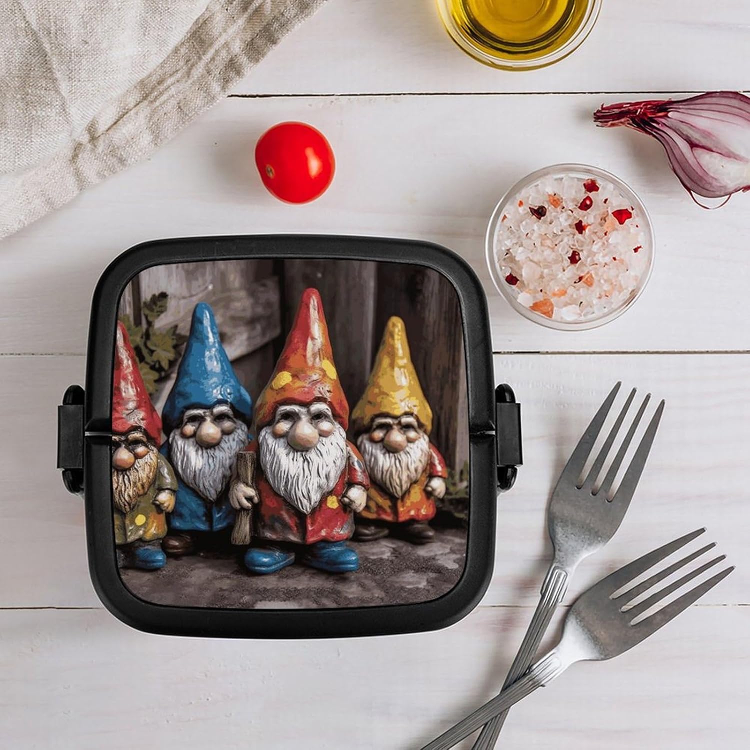 Bento Box Double Layer Lunch Box with Spoon And Handle Leak-Proof All-in-One Bento Boxes for Adults Colorful Gnomes Lunch Containers Stackable Lunchbox for Dining Out Travel