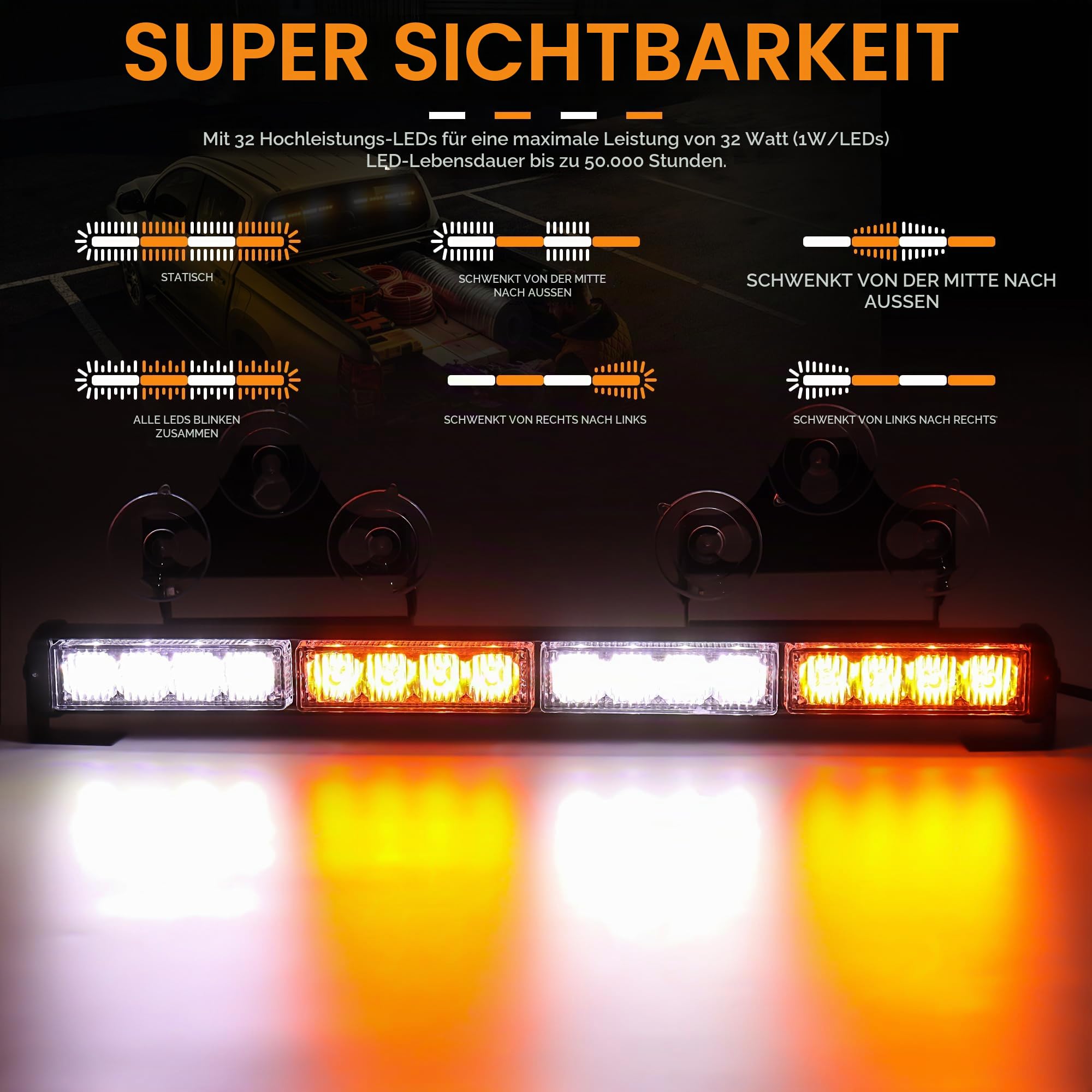 Dinfu 2 Stück 43cm Blinken LED Warnleuchte Orange + weißes Leuchtfeuer, 26 modes stroboskop Sicherheits warnleuchten mit 32 LEDs für Baufahrzeuge, LKW Truck Traktor Dach oben
