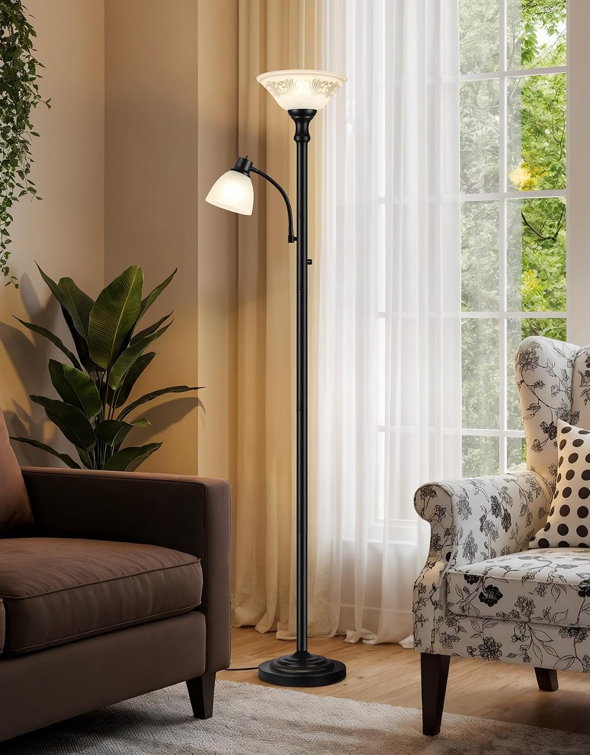 Torchiere Floor Lamps for Living Room, 71" Tall Standing Lamp with Thick Glass Shade, Metal Pole & Heavy Base, Vintage Corner Lamp with Reading Light for Bedroom Home Office, 3CCT Bulb Included