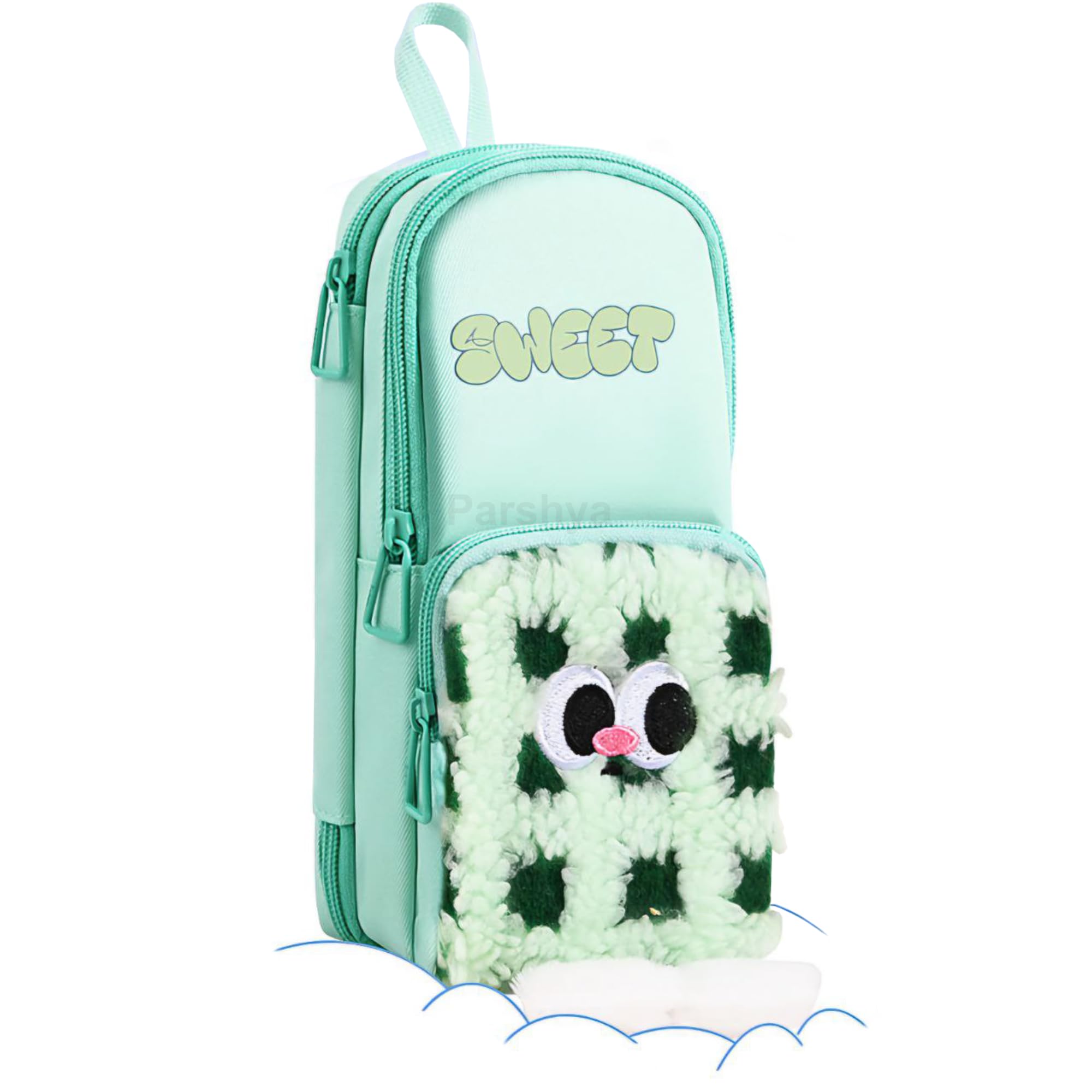 Parshya Three Layer Premium Canvas Pencil Pouch with Small Leg for School Girls and Boys, Cute Aesthetic Stationery Items Kit Case, Large Capacity Stationary Pencil Box for Kids Gifts