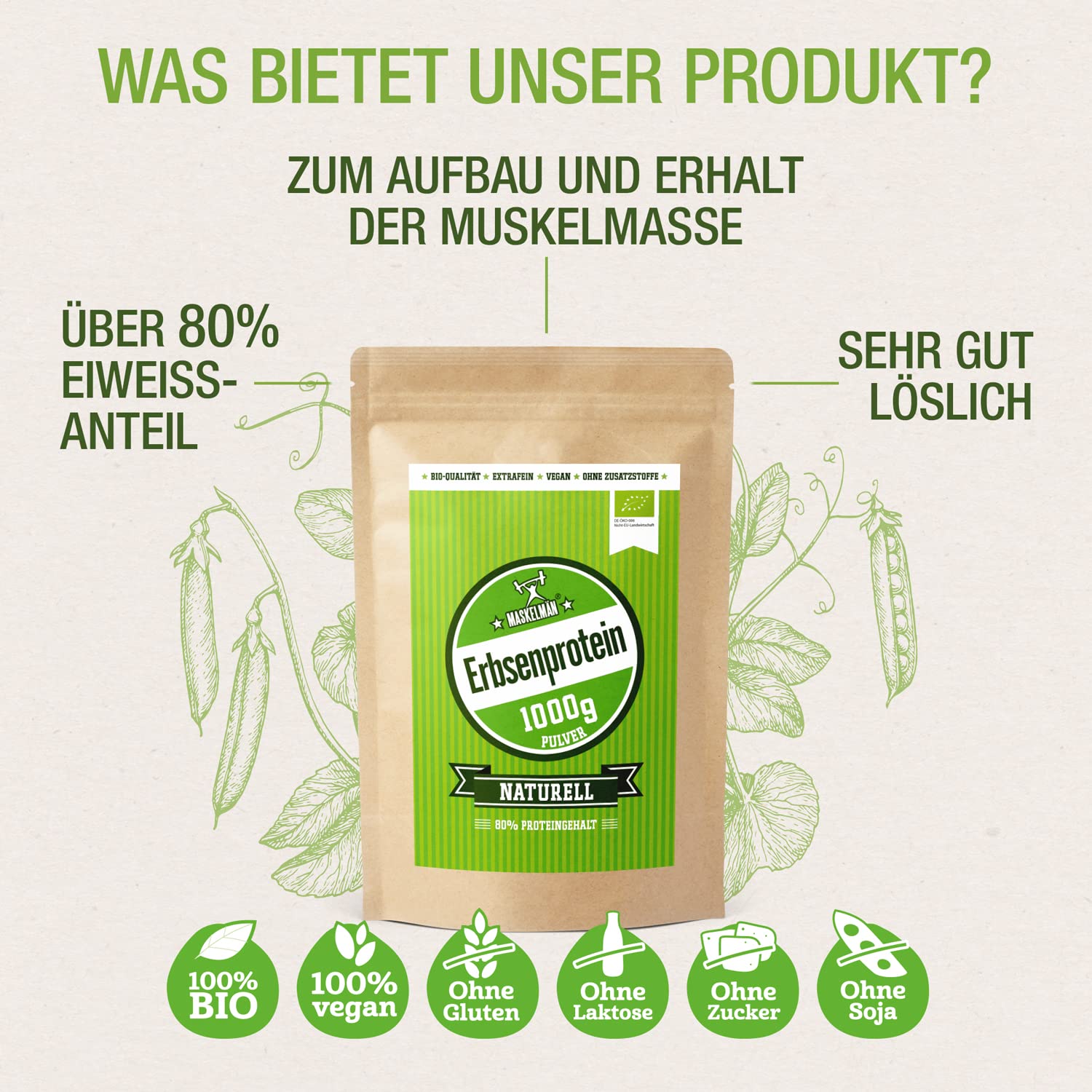Bio Erbsenprotein Pulver - 1 KG - Erbsenmehl inkl. aller essentiellen Aminosäuren - Veganes Eiweisspulver mit 84% Protein - Unterstützt den Muskelaufbau