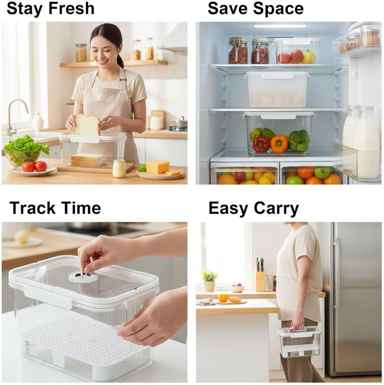 2 Pcs Airtight Bread Box, Bread Storage Container, Bread Loaf Container with Time Recording, Large 5500ML & Small 2300ML