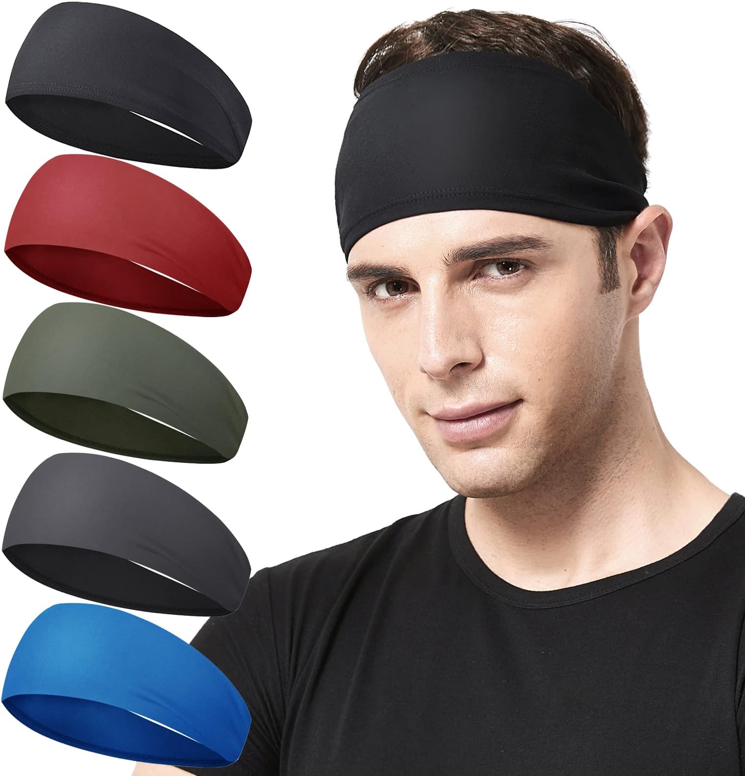 Acozycoo Men's Running Headbands 5 Pack Men Sweatband Sports Headband Running Cycling Basketball Yoga Fitness Workout Stretch Uni Headband (Black, Red, Green, Dark Grey, Ocean Blue)