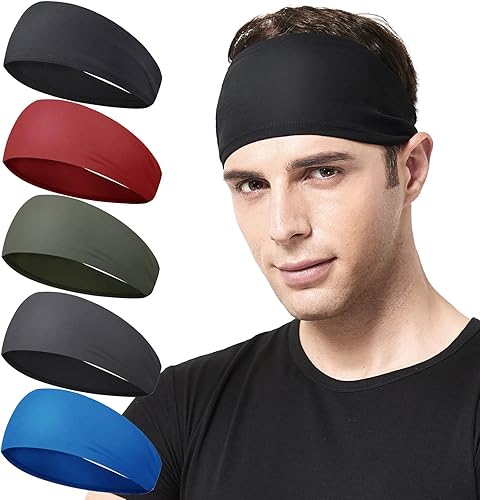 Vista 24 de Diadema deportiva para hombre, 5 unidades, para correr, ciclismo, baloncesto, yoga, entrenamiento de fitness, banda elástica unisex Diseño de rayas.