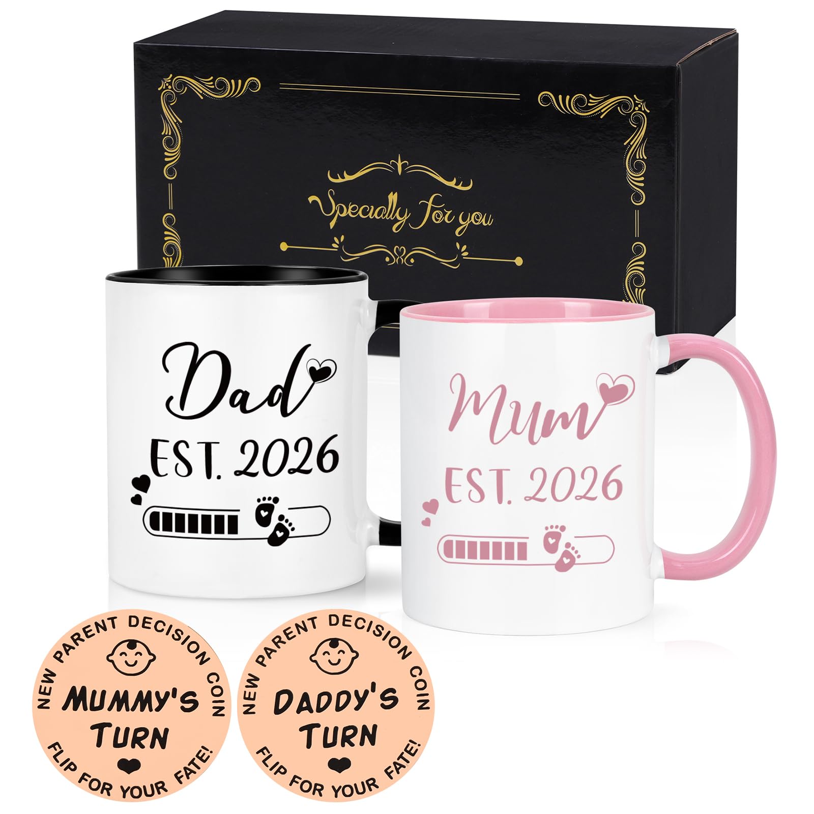 Joymaking New Parents Gifts Mug Set Dad and Mum Loading 2026 Gifts for New Parents with Decision Coin, Frist Time Mummy Daddy Gift for Mothers Day Birthday, 11 Oz Black and Pink