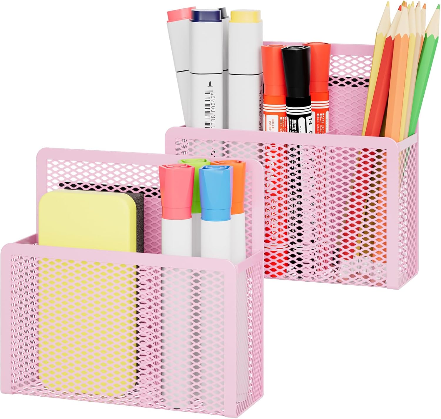 Marbrasse Magnetic Dry Erase Marker Holder, Mesh Pen Holder for Whiteboard,Magnet Pencil Organizer Storage for Refrigerator Locker Accessories Organizer for Home, School and Office(Pink)