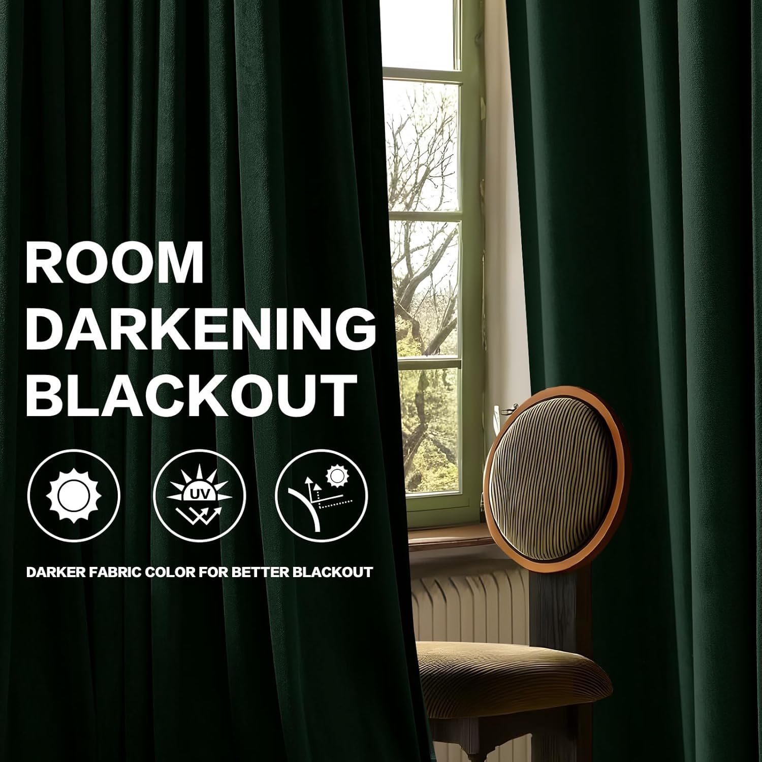Dark Green Velvet Blackout Curtains 90 inches Length 2 Panels Set, Soft Thick Pinch Pleated Drapes for Bedroom Living Room, Thermal Room Darkening Window Panels with Back Tab and Hooks, 40 x 90