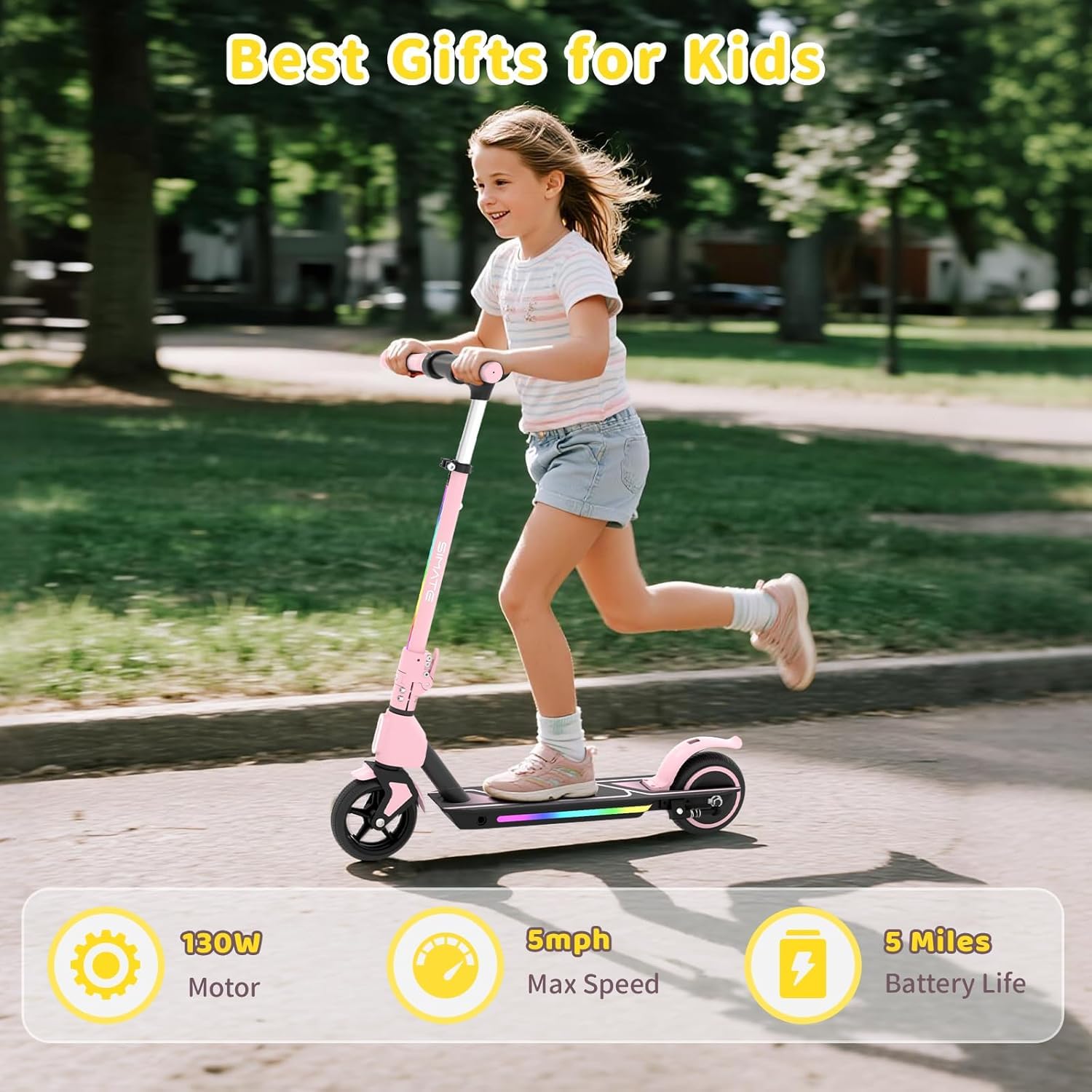 Trottinette Électrique Enfant, Guidon Réglable sans Outil 86-99cm, Moteur 130W 3 Vitesses 8-14 km/h, Autonomie Jusqu'à 8km, Écran LED & Éclairage, Pneus 6,5" Pleins, (Rose)