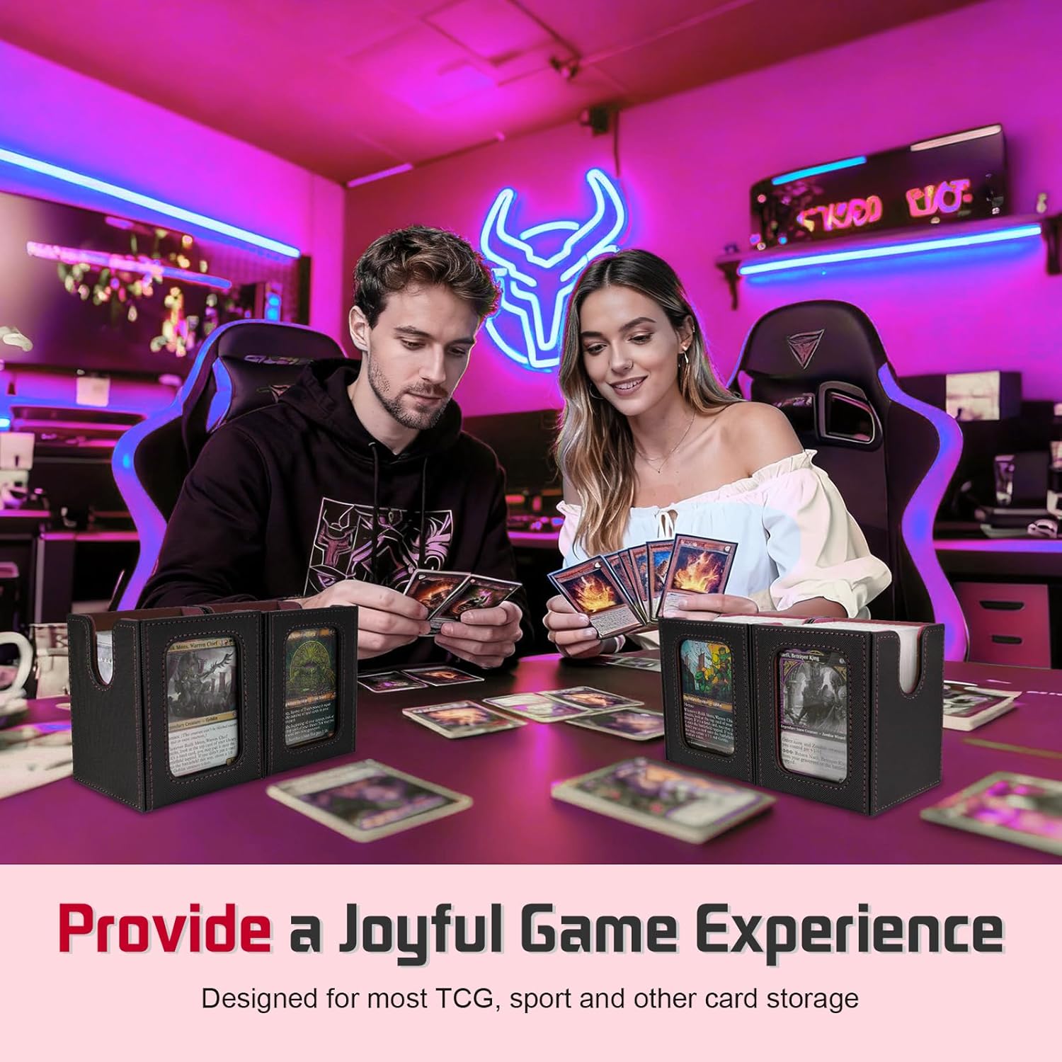 Card Deck Box with MTG Commander Display, Fits 400+ Double-Sleeved TCG Cards, 5-in-1 Card Storage Box with Handle,Removable Deck Case＆Dice Tray(Black&Red)