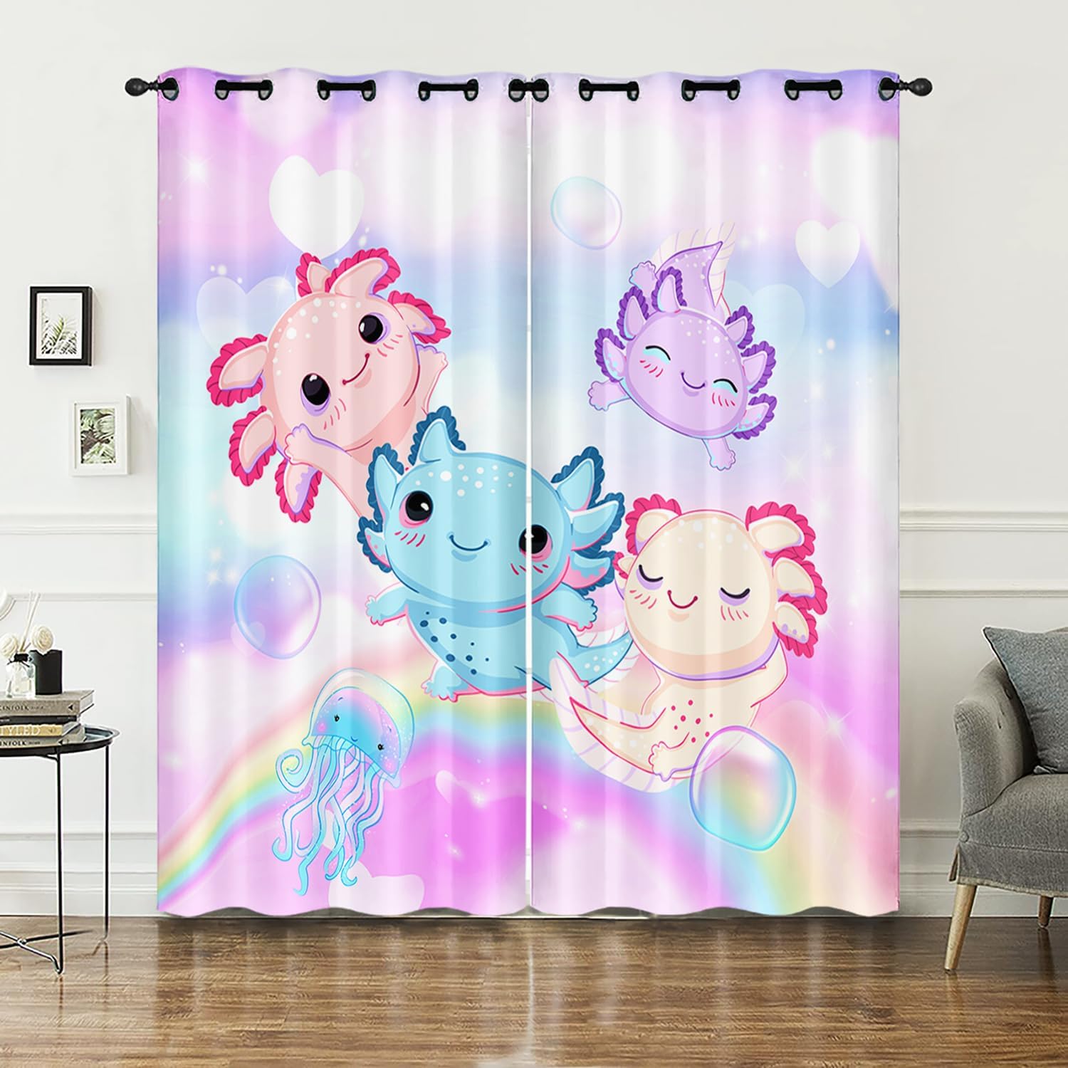 AILONEN Cute Axolotl Kids Window Curtain,Colorful Sky Fairy Rainbow Window Drapes 2 Panels Set for Girls,Cute Cartoon Ocean Animal Printed Curtain for Bedroom Living Room Decor, 52" W x 63" H