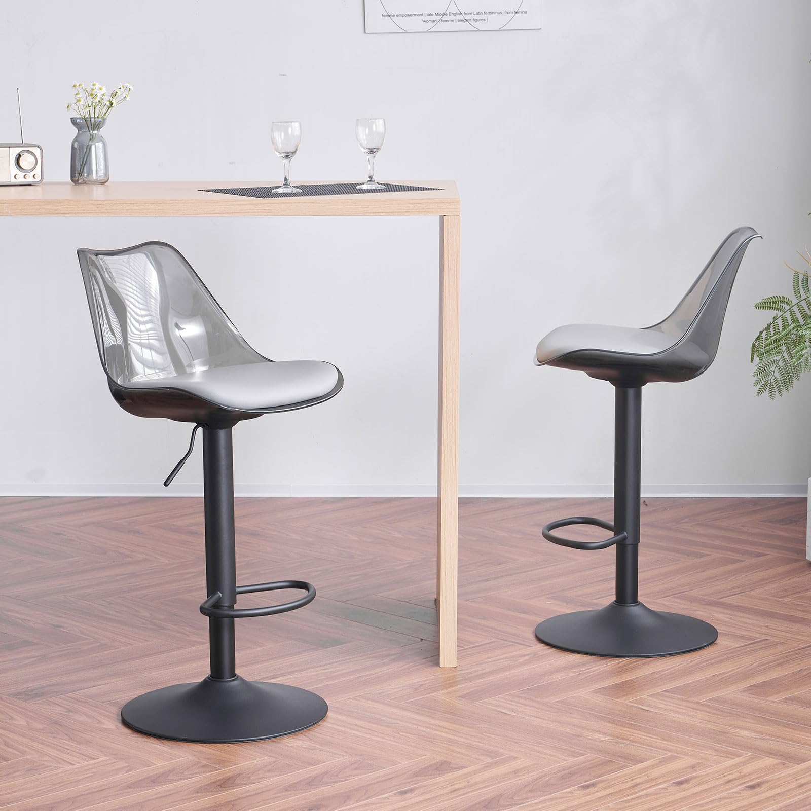 set di 2 sgabelli da bar trasparenti in acrilico regolabili in altezza con schienale e poggiapiedi, sedie girevoli imbottite a 360° moderne per cucina, sala da pranzo, bancone e bar