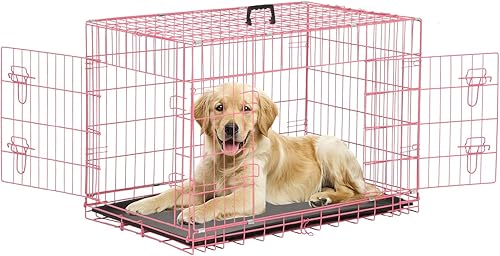 Jaula grande de 42 pulgadas para perros, jaulas de alambre de metal, jaulas plegables de doble puerta con asa a prueba de fugas, color rosa