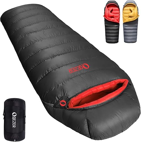 QEZER Saco de dormir de plumón para adultos, adolescentes, niños, saco de dormir ultraligero para mochileros, 600 rellenos de pato de plumón