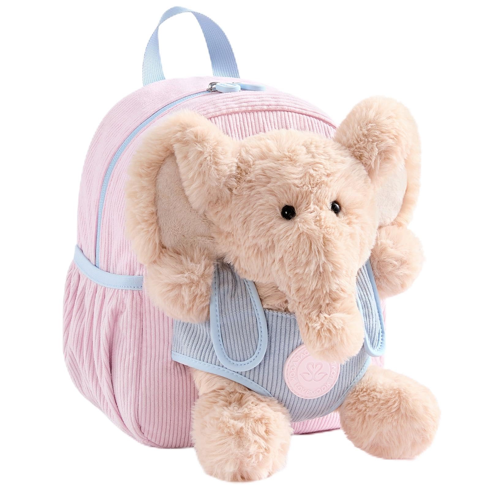 LOVEVOOK Kids Toddler Backpack with Detachable Elephant Plush, Soft Corduroy Cute Preschool Backpack for Girls, Lightweight School Bag for 3 Year Old Boy Birthday Gift & Christmas