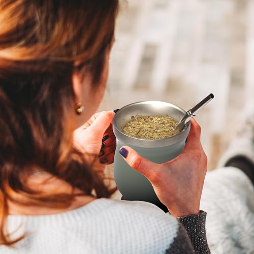 Miniatura 5 de Beruth Bombilla Yerba Mate Gourd, juego de tazas de té de acero inoxidable de 8 onzas con una tapa multifuncional, dos popotes y cepillos de