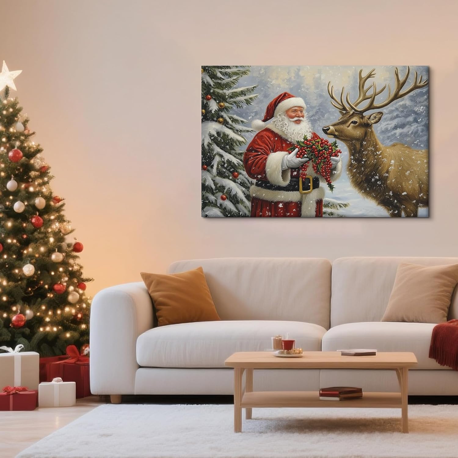 Craftline - Christmas Santa Claus Canvas Wall Art, Santa Feeding Reindeer Snow-Covered Pine Forest Nature Picture Rustic Farmhouse Artwork Mantelpiece Festive Bedroom Entryway Decor 16x12inch
