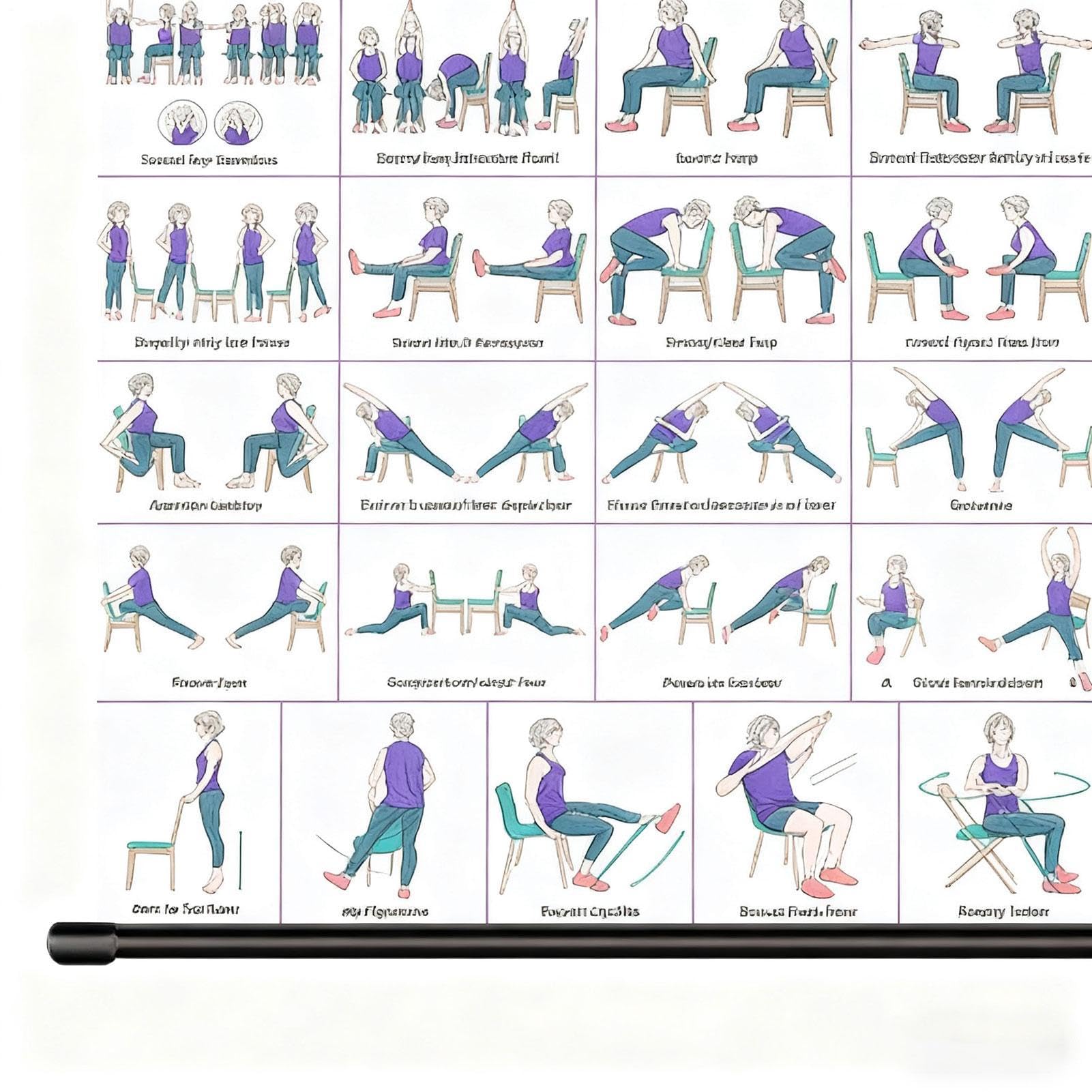 Tableau d'entraînement sur chaise de yoga - 40 x 60 cm - Guide d'exercices de chaise - Tableau mural pour les personnes âgées et les débutants, tableau de fitness, affiche pliable en tissu pour la
