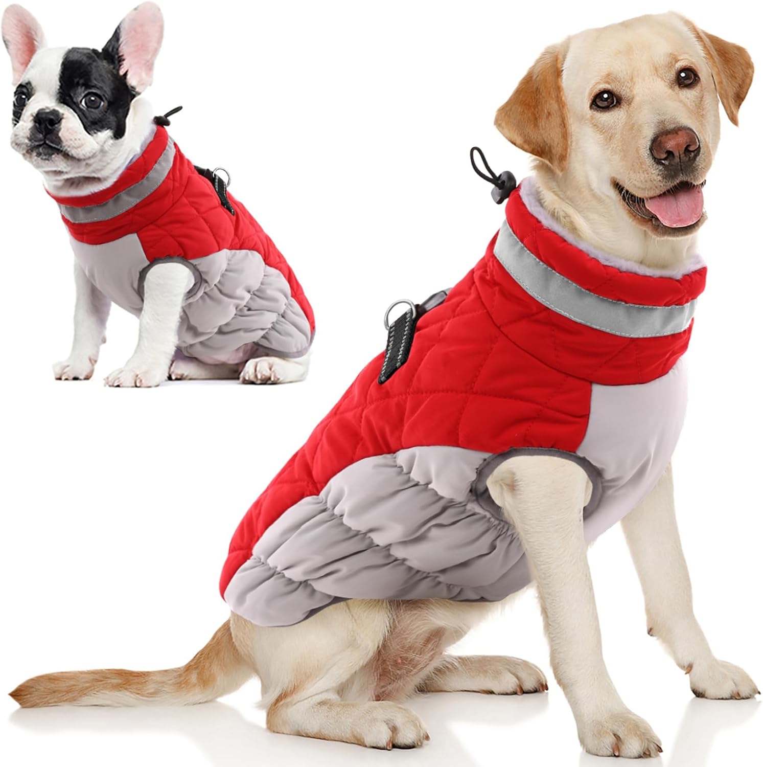 AOFITEE Dog Coat, Warm Dog Winter Coat, Reflective Cold Weather Dogs Puffer Jacket with Harness Built in, Waterproof Pet Fleece Vest Snowsuit for Small Medium Large Dogs, Christmas Red L Large Red