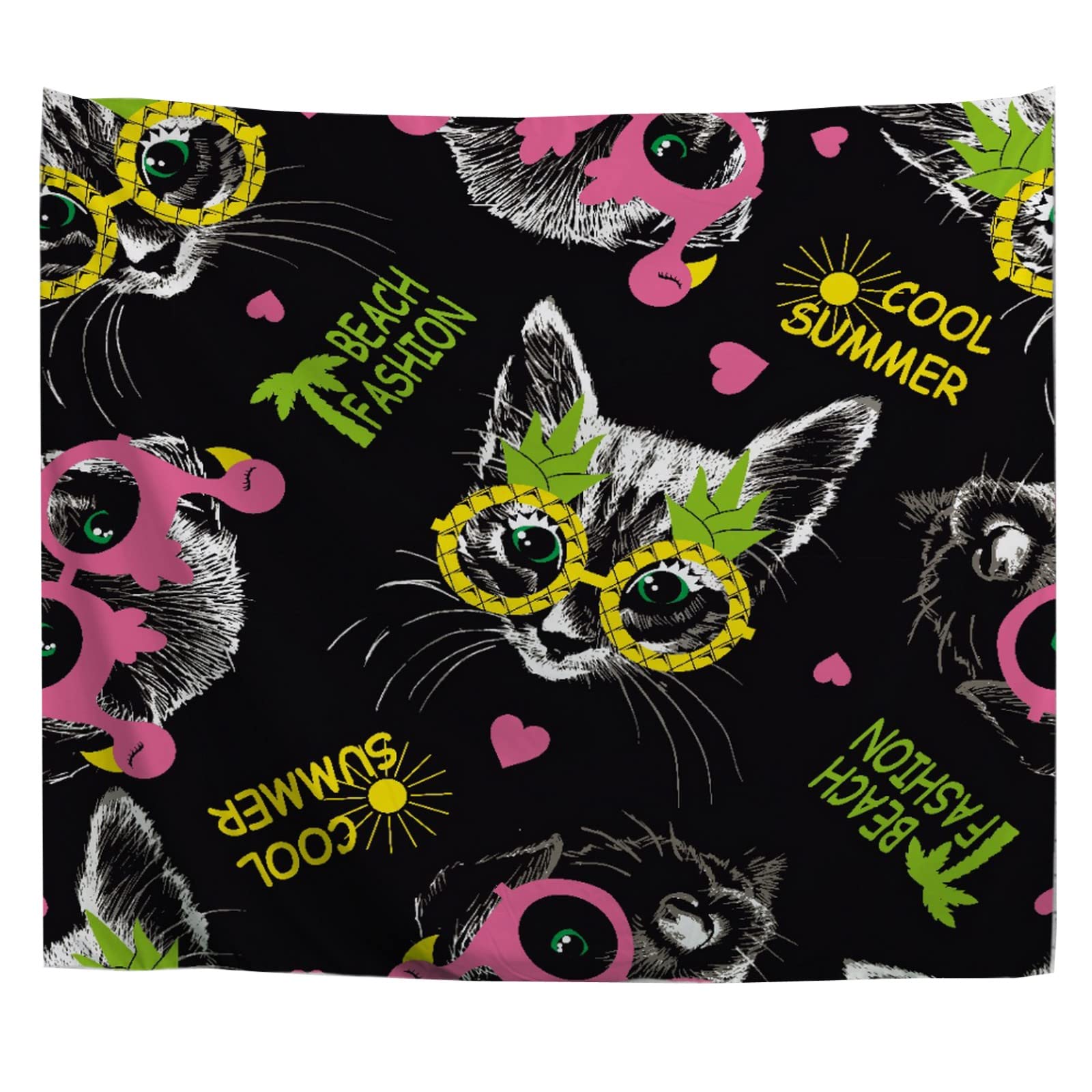 A.Monamour Wall Hanging Tapestry Kitten And Puppy Faces With Glasses With Pineapple And Pink Flamingo Picture Print Wall Fabric Mural Art Decoration for Bedroom Dorm Living Room 180x230cm โ image 1