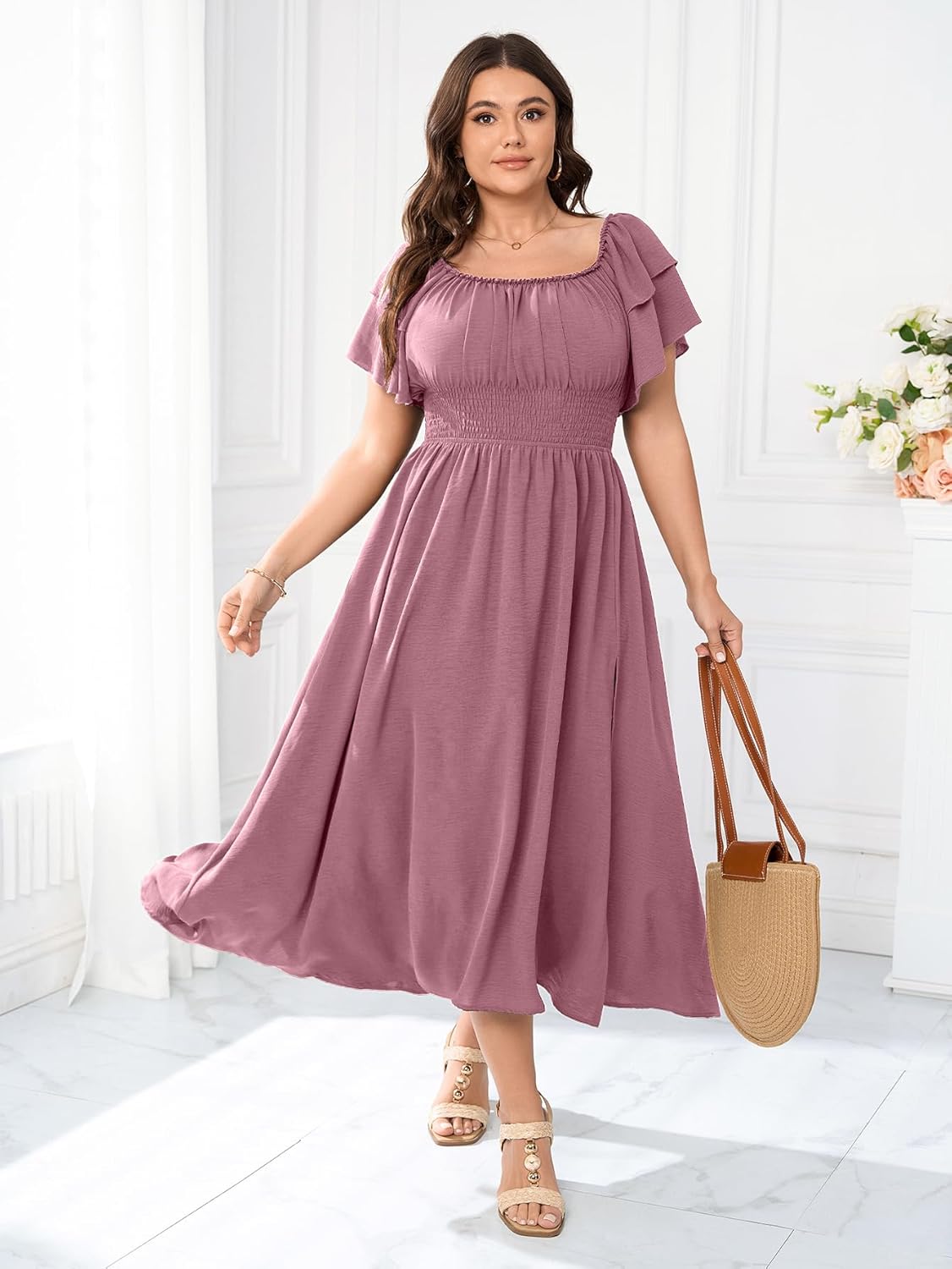 Plus Size Maxi Dress Off The Shoulder Ruffle Smocked Wedding Guest Cocktail Slit Hem Flowy Dresses for Curvy Women - Image 3