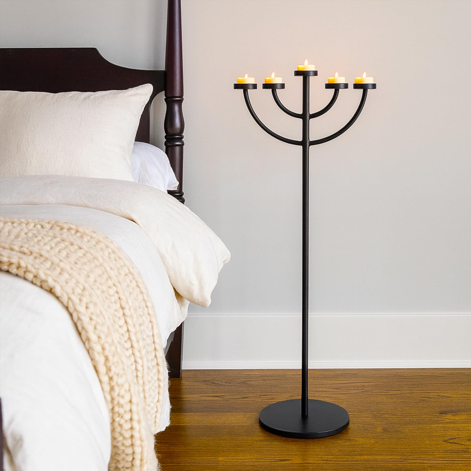Portavelas de metal negro de 5 brazos, moderno candelabro de pie para decoración del hogar, vacaciones y eventos