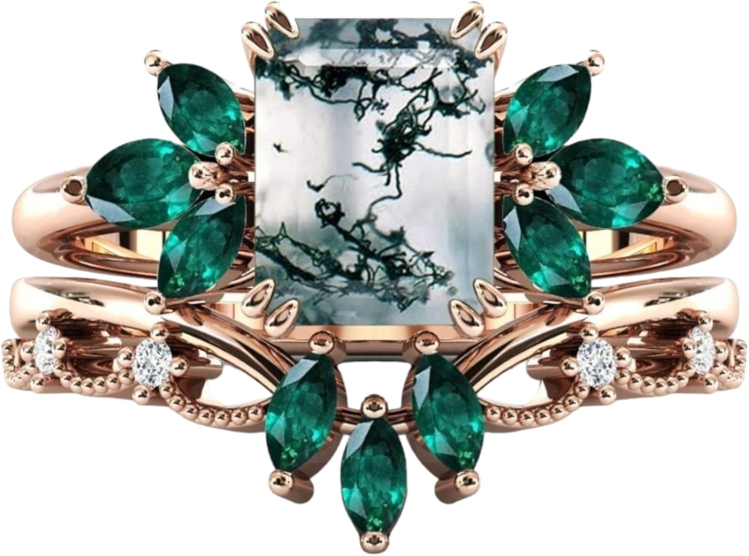 925 silver emerald shape moss agate wedding Ring Set unique Silver Ring For Women Anniversary ring engagement womens ring promise ring