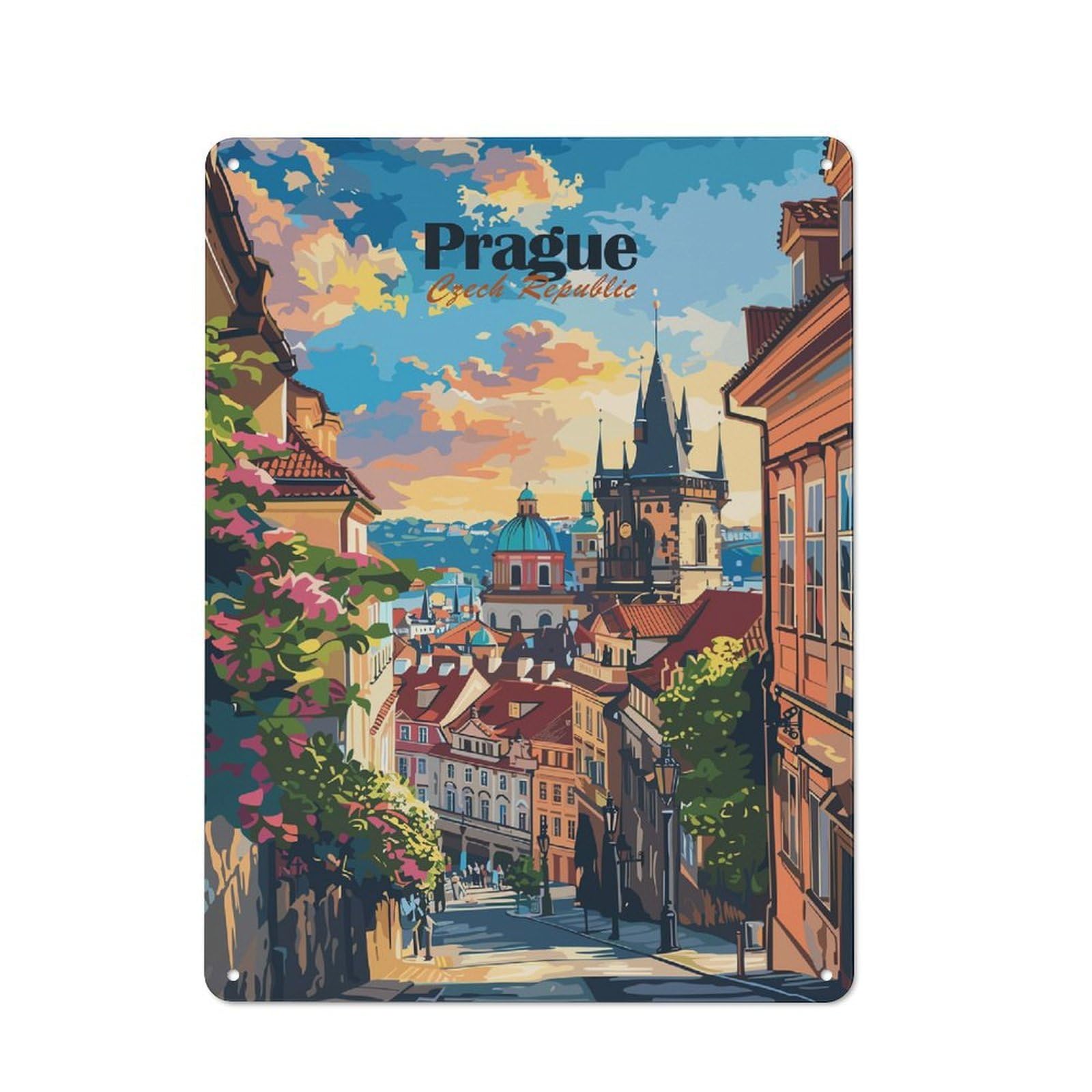 Retro Prague Cityscape Vintage Metal Sign 40x30cm, Room Wall Plaque for Flat, Dorm Room, Lounge Or Cafe