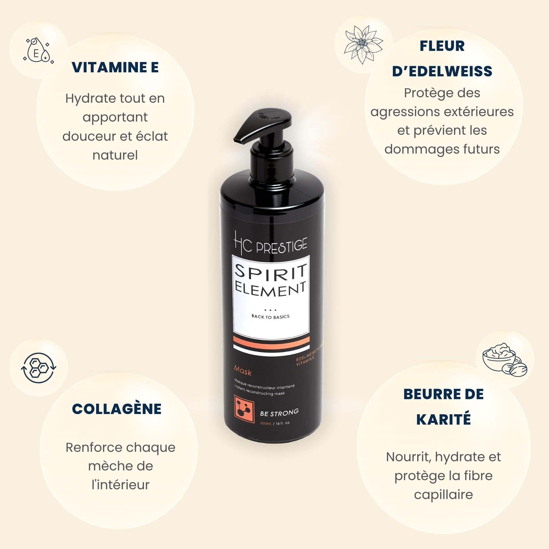 HC Prestige Be Strong – Masque Réparateur Pro 500 ml – Collagène Marin, Edelweiss & Guarana – Cheveux Secs ou Abîmés – 96% Naturel – Sans Sulfates ni Silicones – Made in France