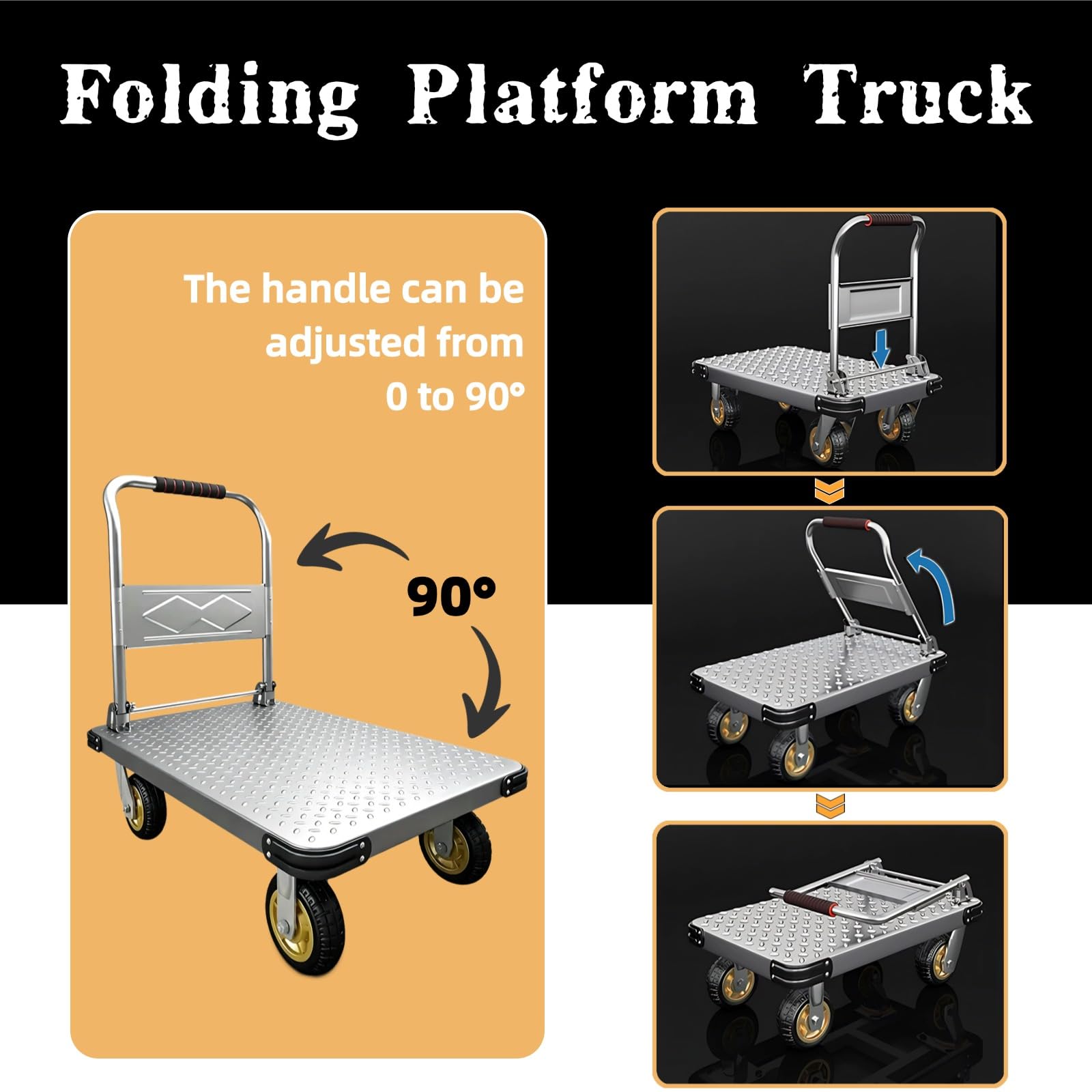 Składany Wózek Z Platformą 500kg, 90x60 cm Wytrzymały Wózek Ręczny Z 12 cm Gładkimi Kółkami I Linkami Bungee, Wózek Z Platformą Do Przenoszenia W Garażu, Magazynie, Kompaktowy Schowek, Srebrny