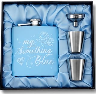 Tanlade My Something Blue Gift for Bride, 6 oz Bride Flask with Funnel and Wine Glass, Funny My Something Blue Flask with Powder Coated for Bachelorette Wedding Party Supplies