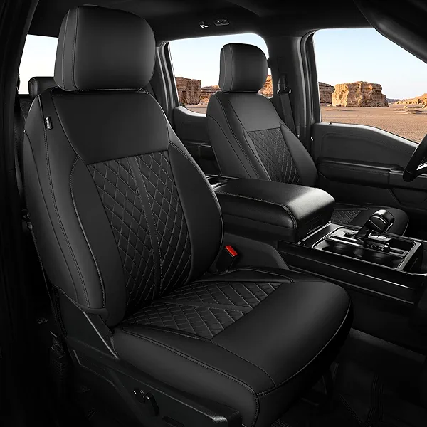 RIDEPOSH for Ford F150 Leather Seat Covers, SuperCrew XL XLT 2021-2025, F250 F350 F450 Super Duty Crew Cab 2023-2025, Custom Truck Seat Cover Full Set, Pickup Accessories, Black (Bucket Seat)