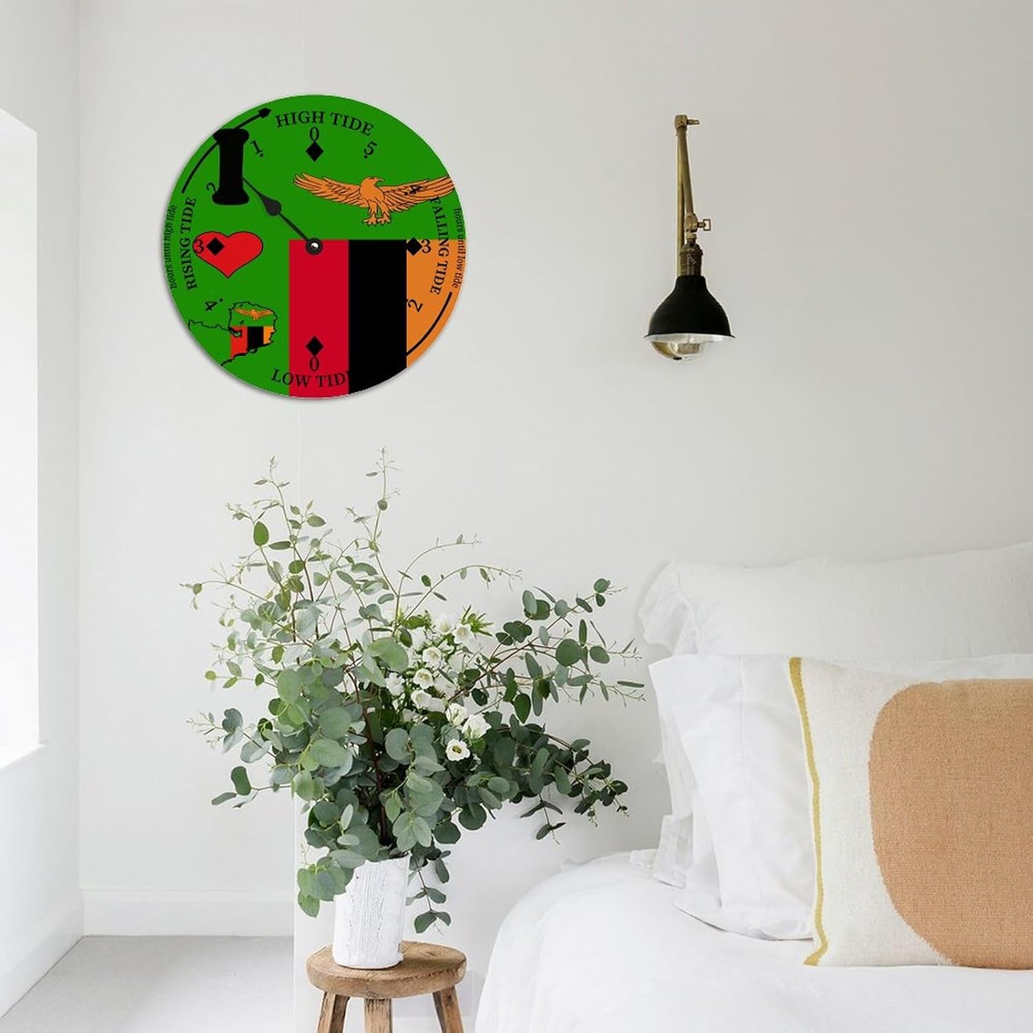 Rustic Wood Tide Clock Zambia Flags Ocean Time Wooden Clock Wood Moon Tidal Clock for Wall High and Low Tide Movement Clock for Seaside House Cottage Hotel Camping 15x15 in